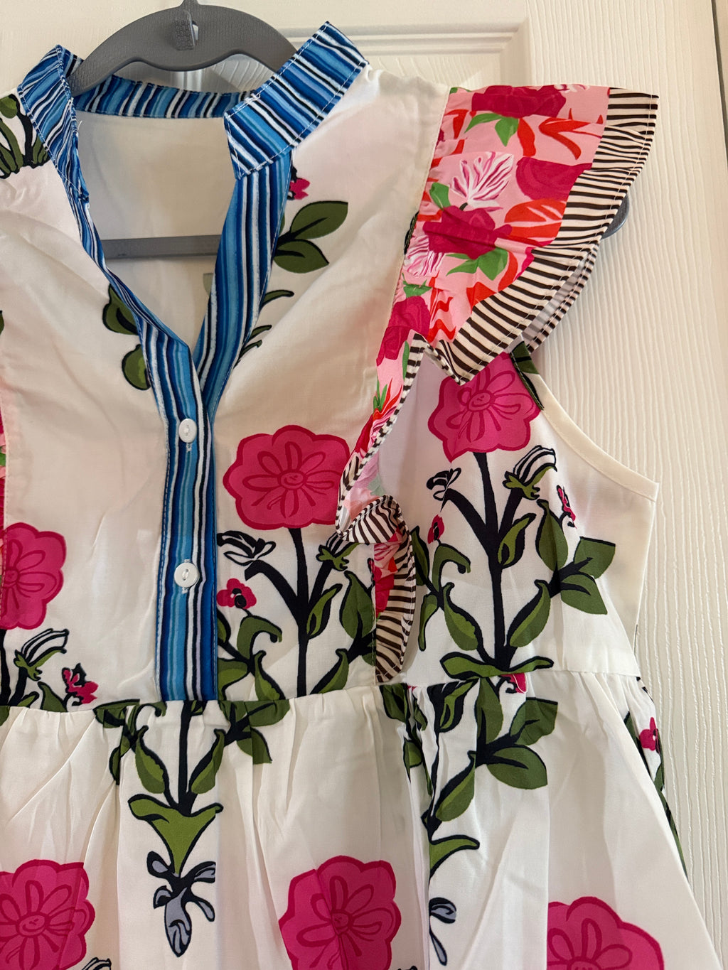 Women’s Floral Ruffle Top-White with Pink Flowers
