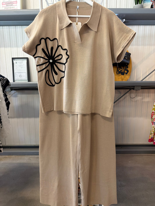 Women's Beige Wide-Leg Knit Pant Set with Black Floral Detail