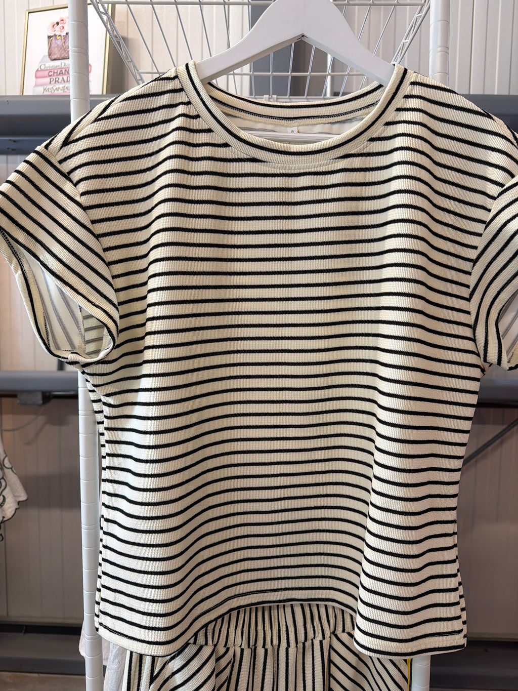 Two Piece Set, Short-Sleeve Striped with Matching Wide-Leg Pants