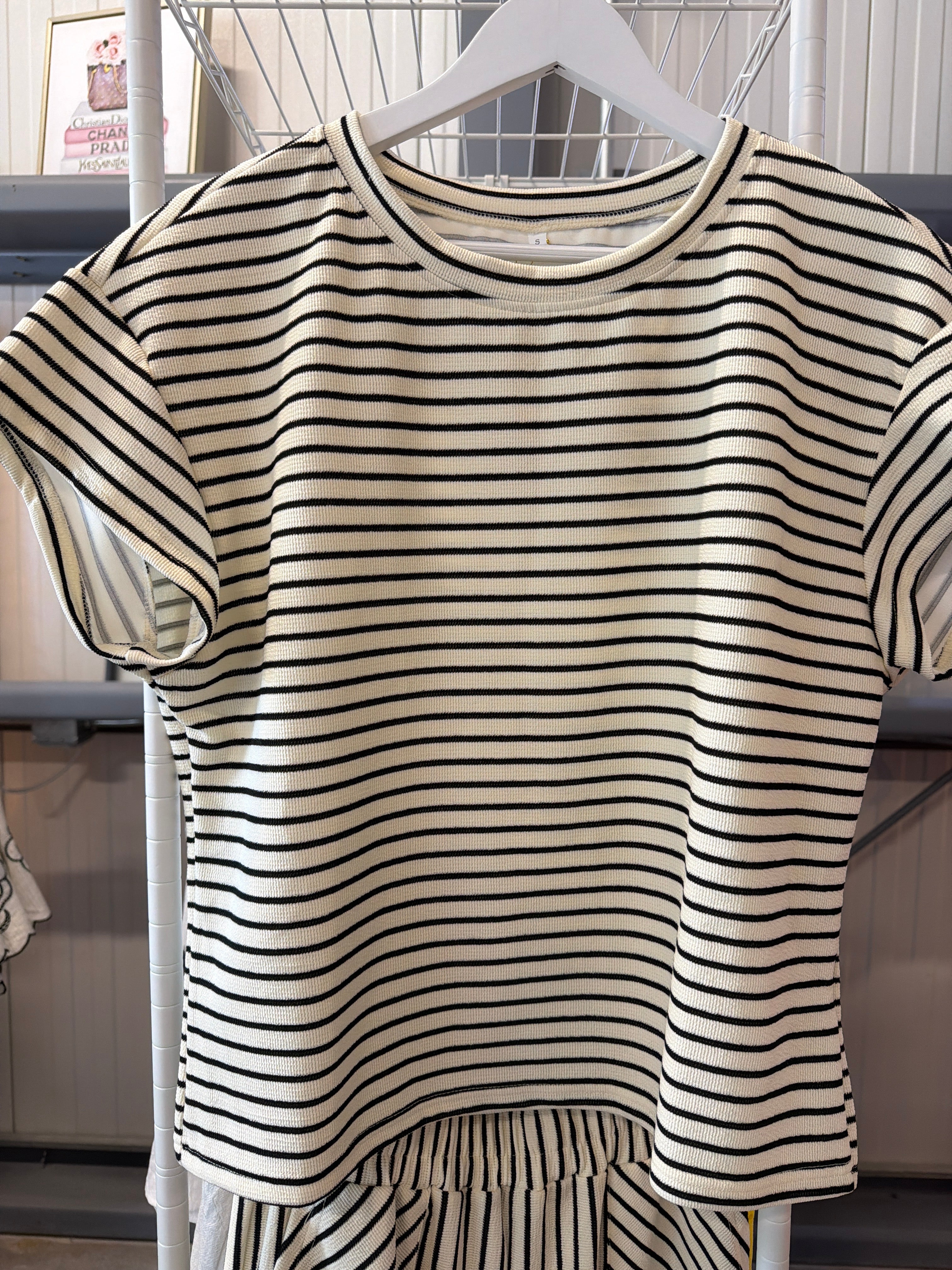 Two Piece Set, Short-Sleeve Striped with Matching Wide-Leg Pants