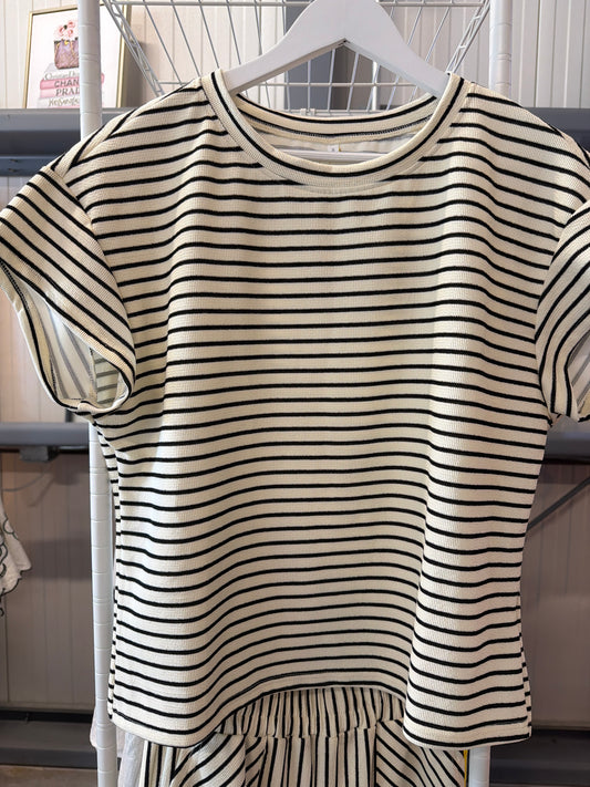 Two Piece Set, Short-Sleeve Striped with Matching Wide-Leg Pants