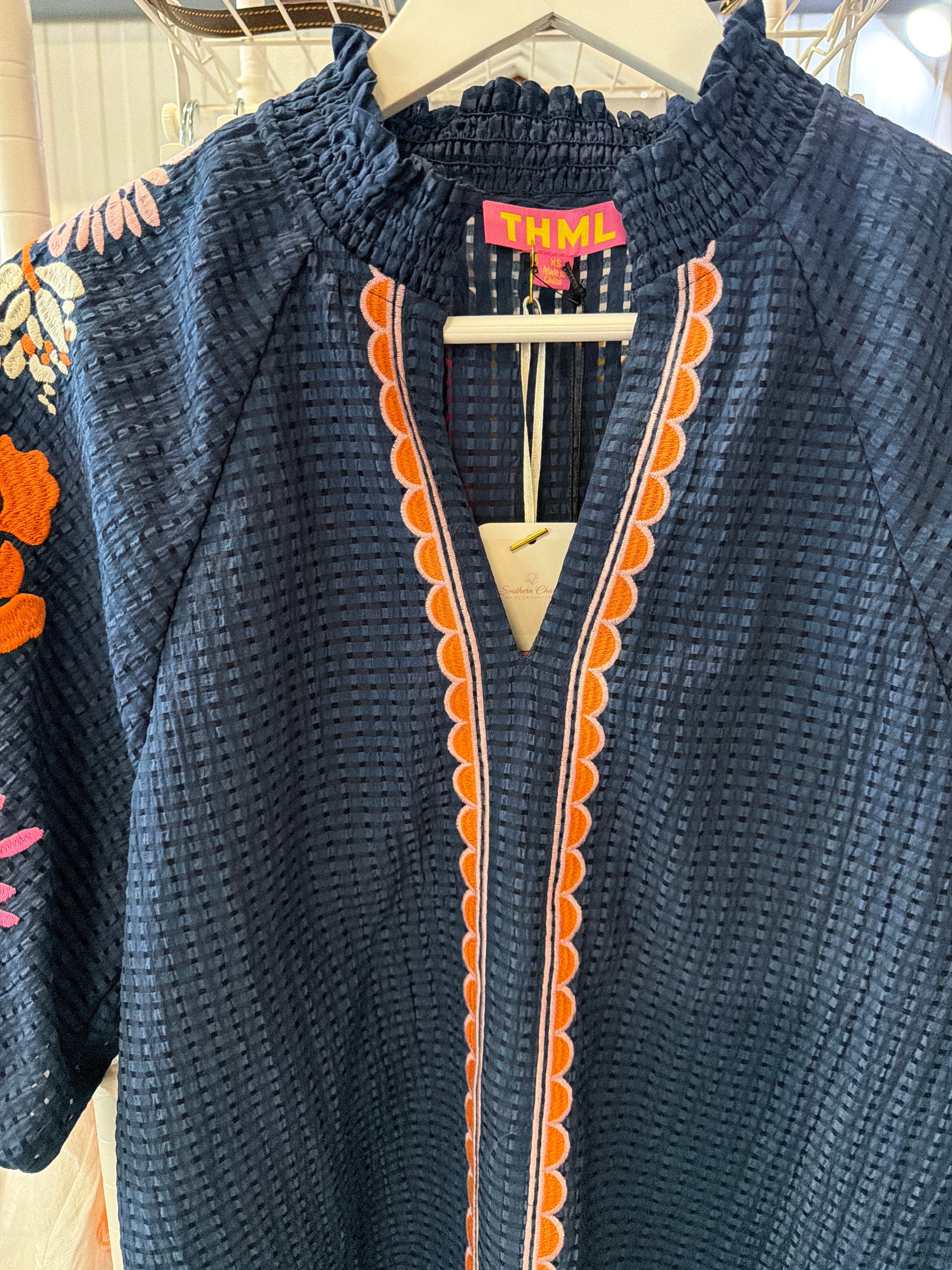 Navy Blouse with Puffed Sleeves and Multicolored Embroidered Flowers