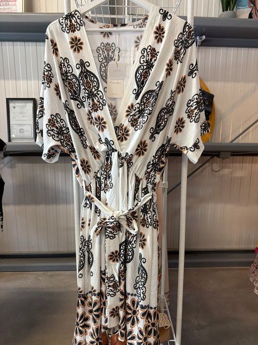 Boho Tie-Front Midi Dress in White with Black & Brown Floral Print