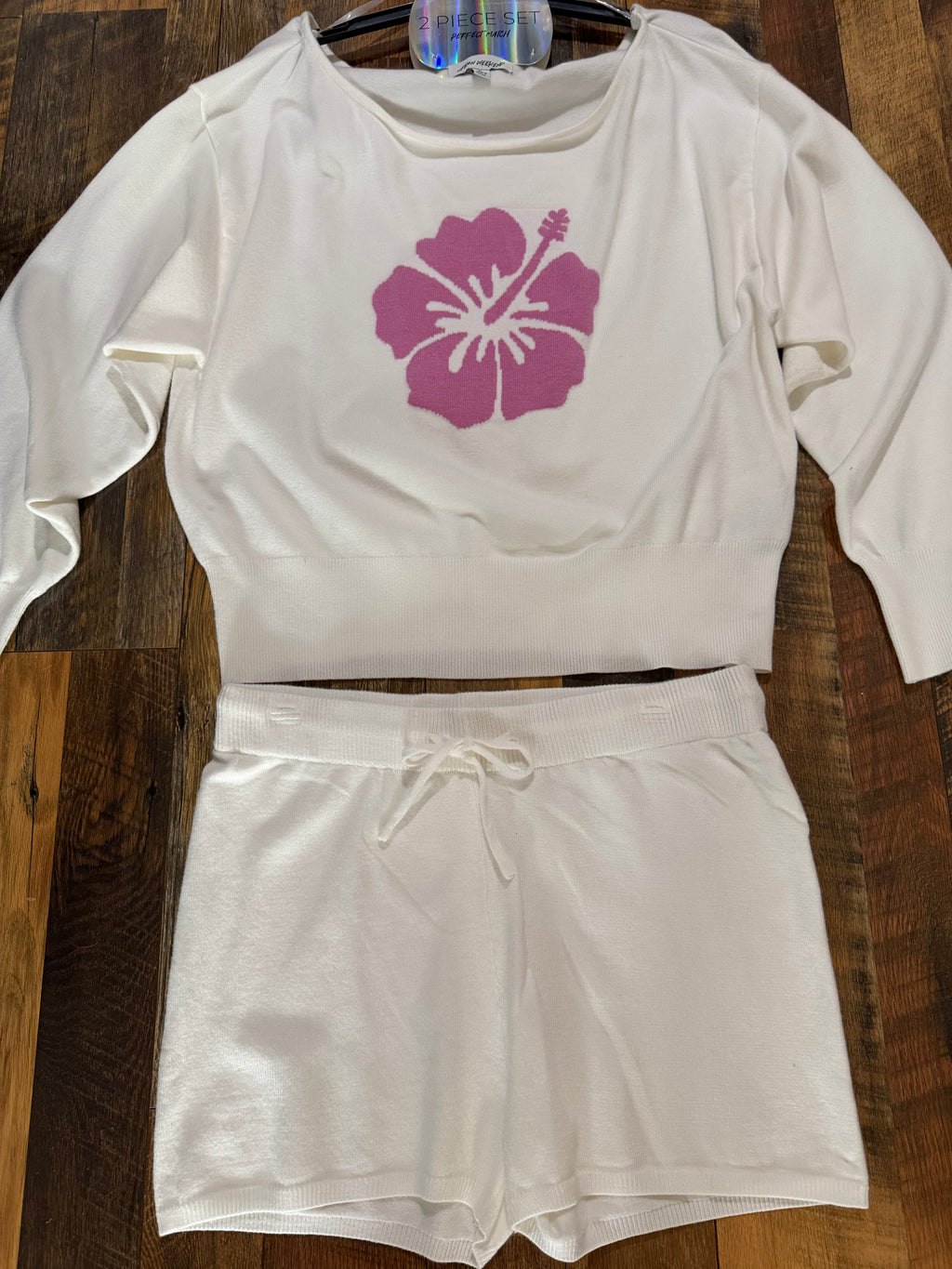 2 Piece Set Women’s Cream Sweater with Pink Hibiscus Graphic