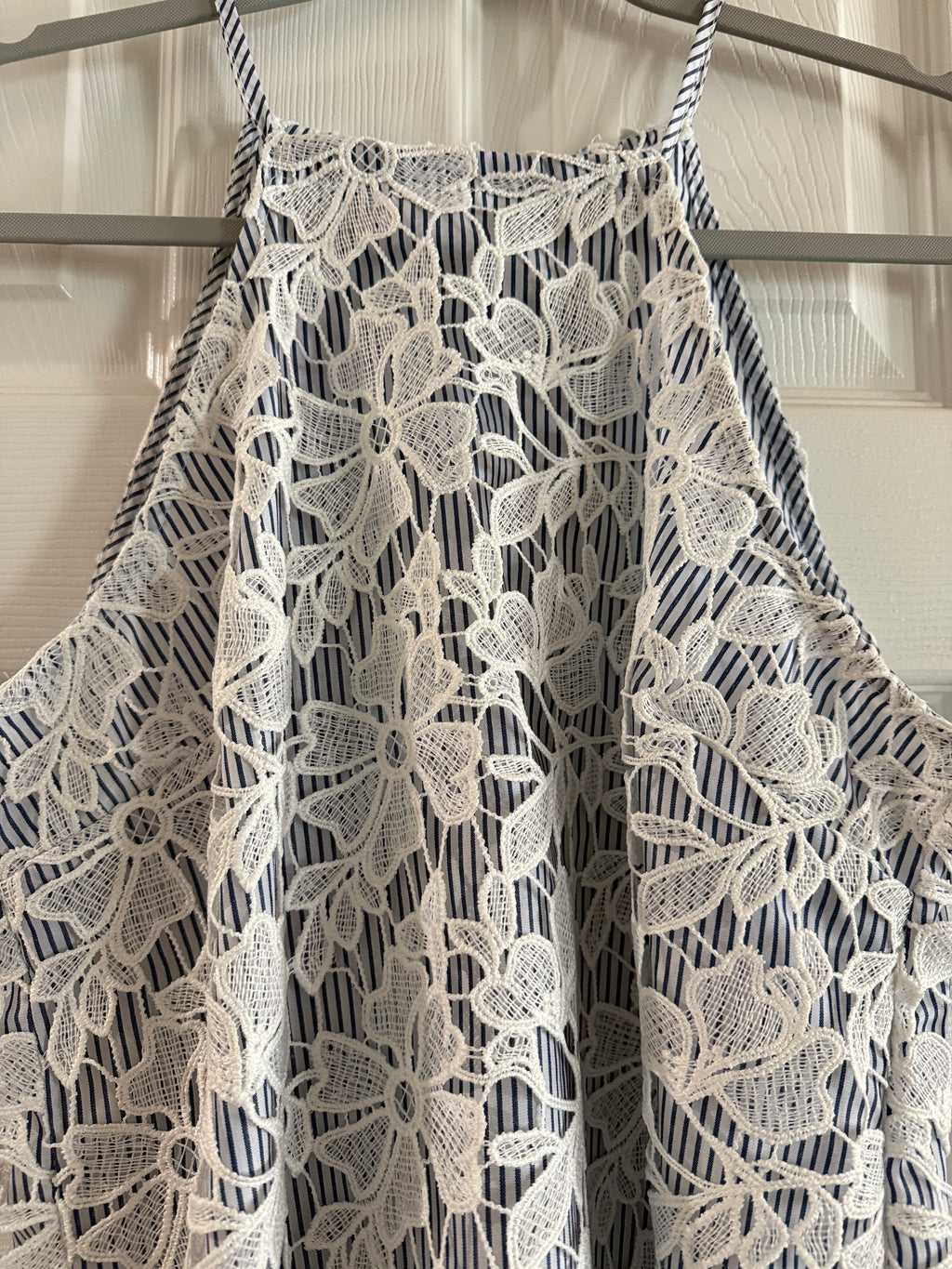 Adiva Navy & White Striped Halter Camisole with White Lace Overlay
