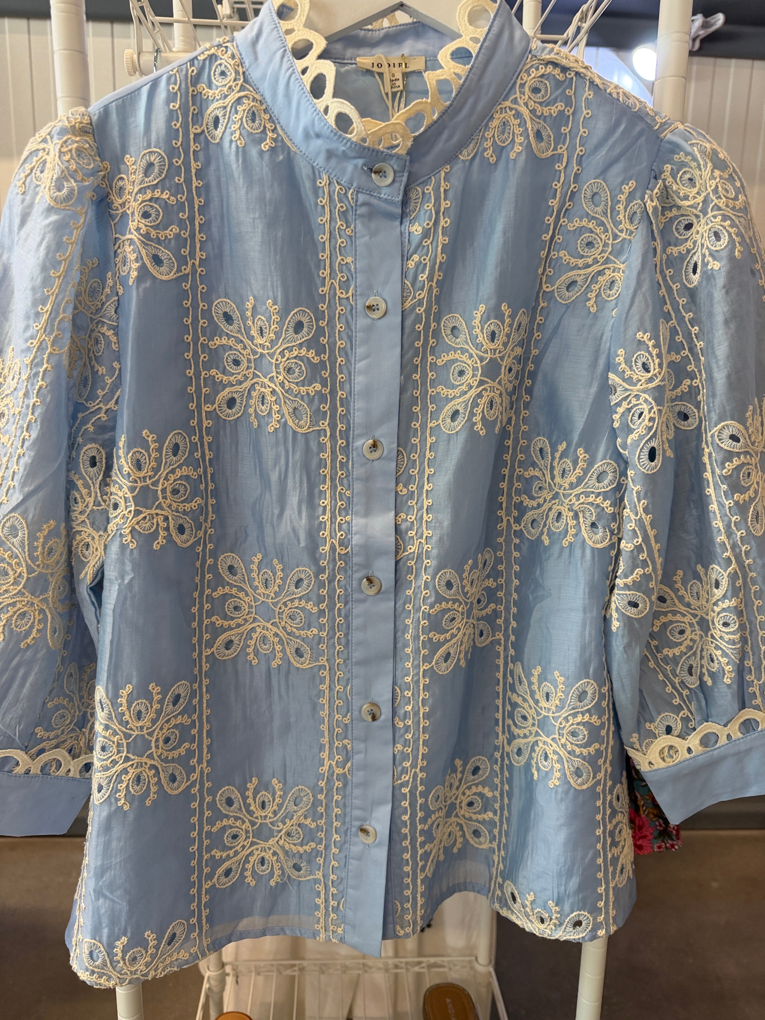 JODIFL Light Blue Embroidered Button-Up Blouse