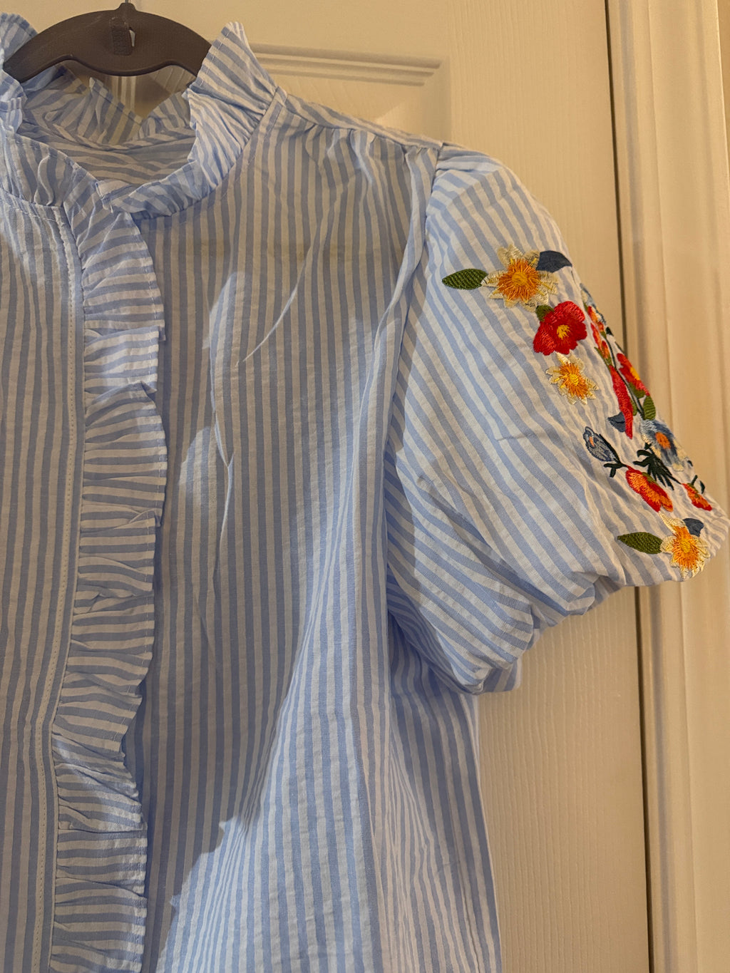 Light Blue Striped Ruffle Front Blouse with Floral Embroidered Sleeves