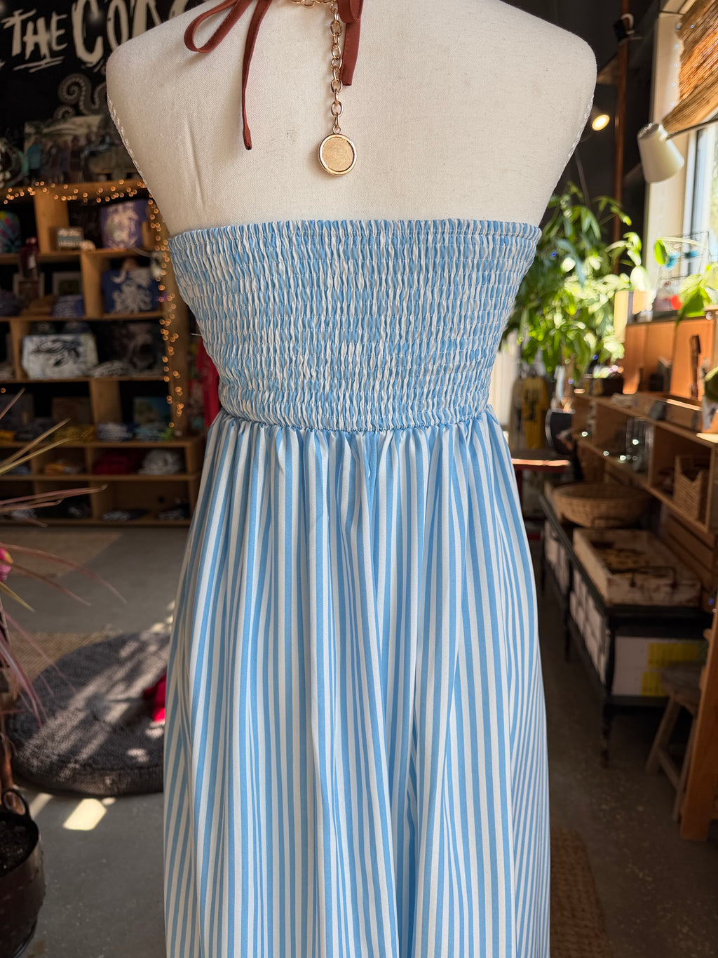 Striped Blue Halter Maxi Dress with Brown Trim