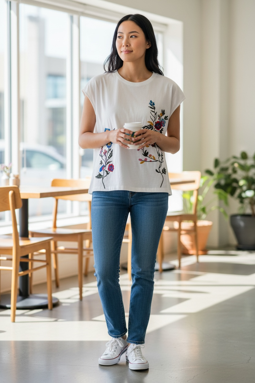 Fig & Flower White Short Sleeve Tee with Multicolor Floral Embroidery