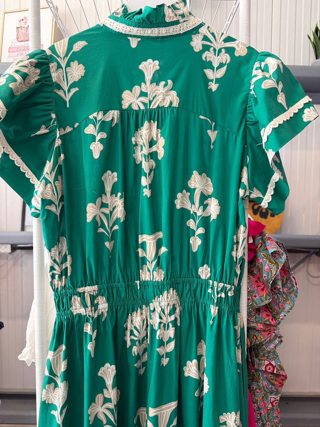Umgee Green Midi Dress with Cream Floral Print