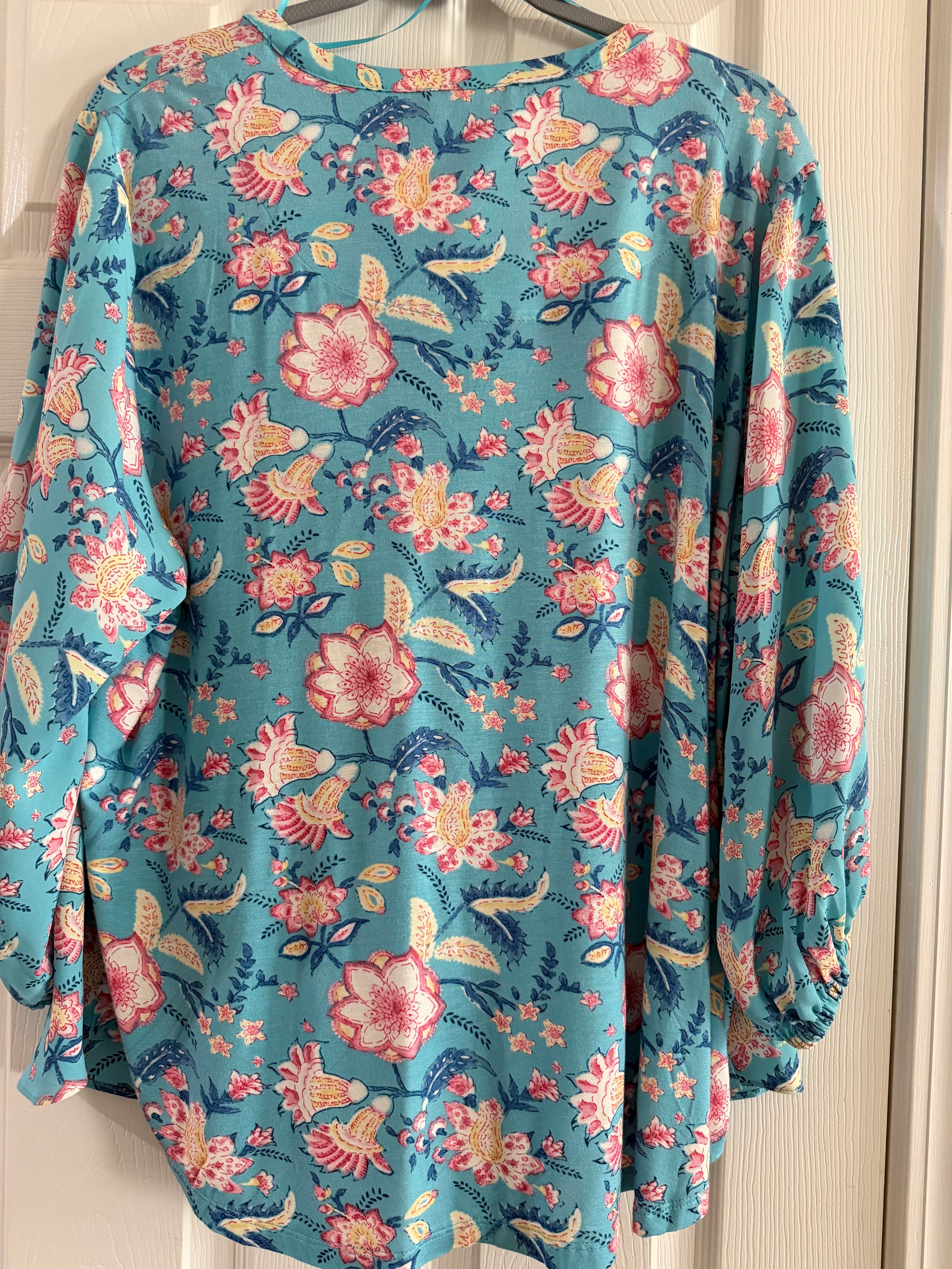 Philosophy Teal Floral V-Neck Blouse with Pink & Cream Accents