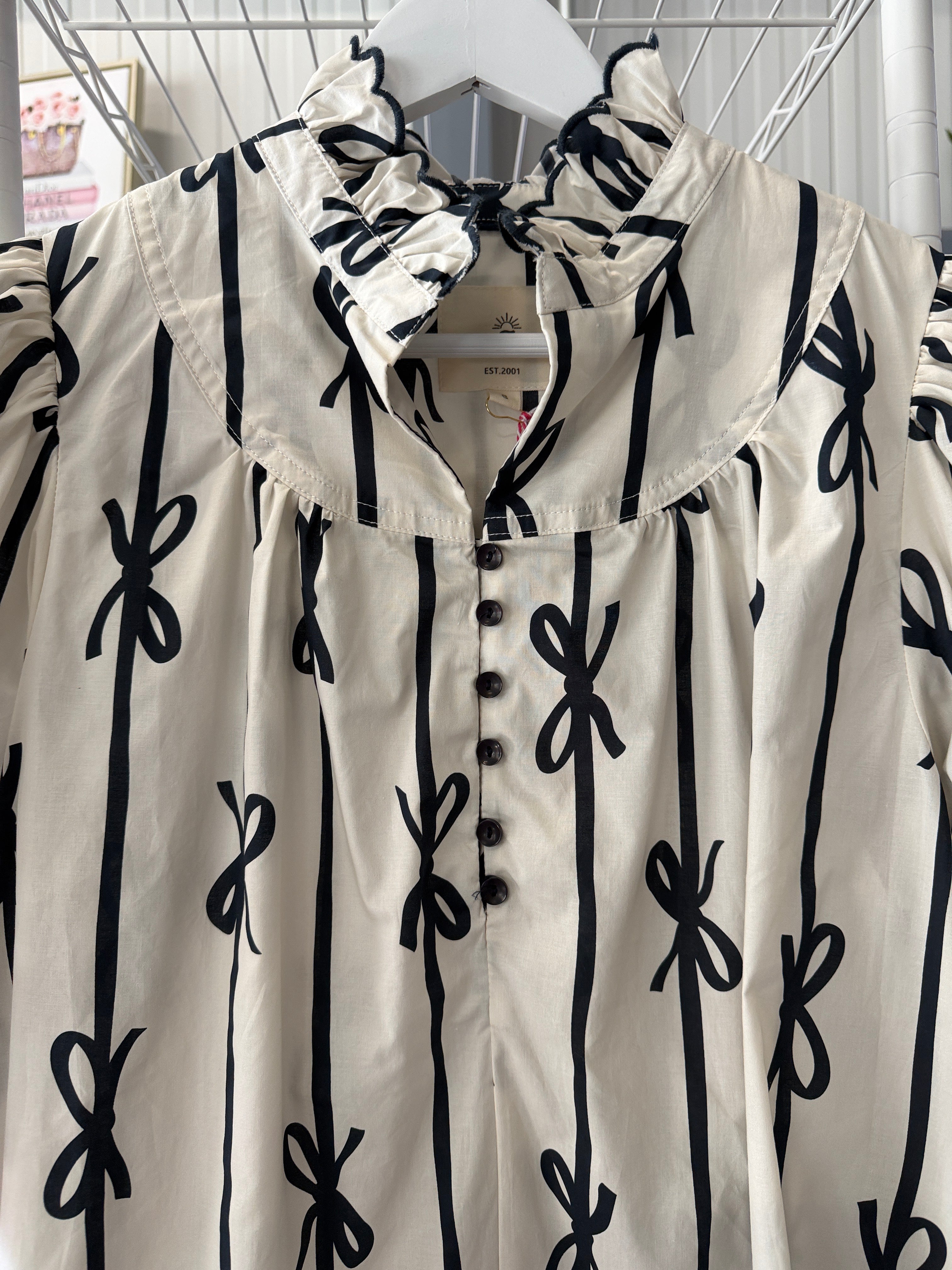 Umgee Black Bow-Print Cream Puff-Sleeve Dress