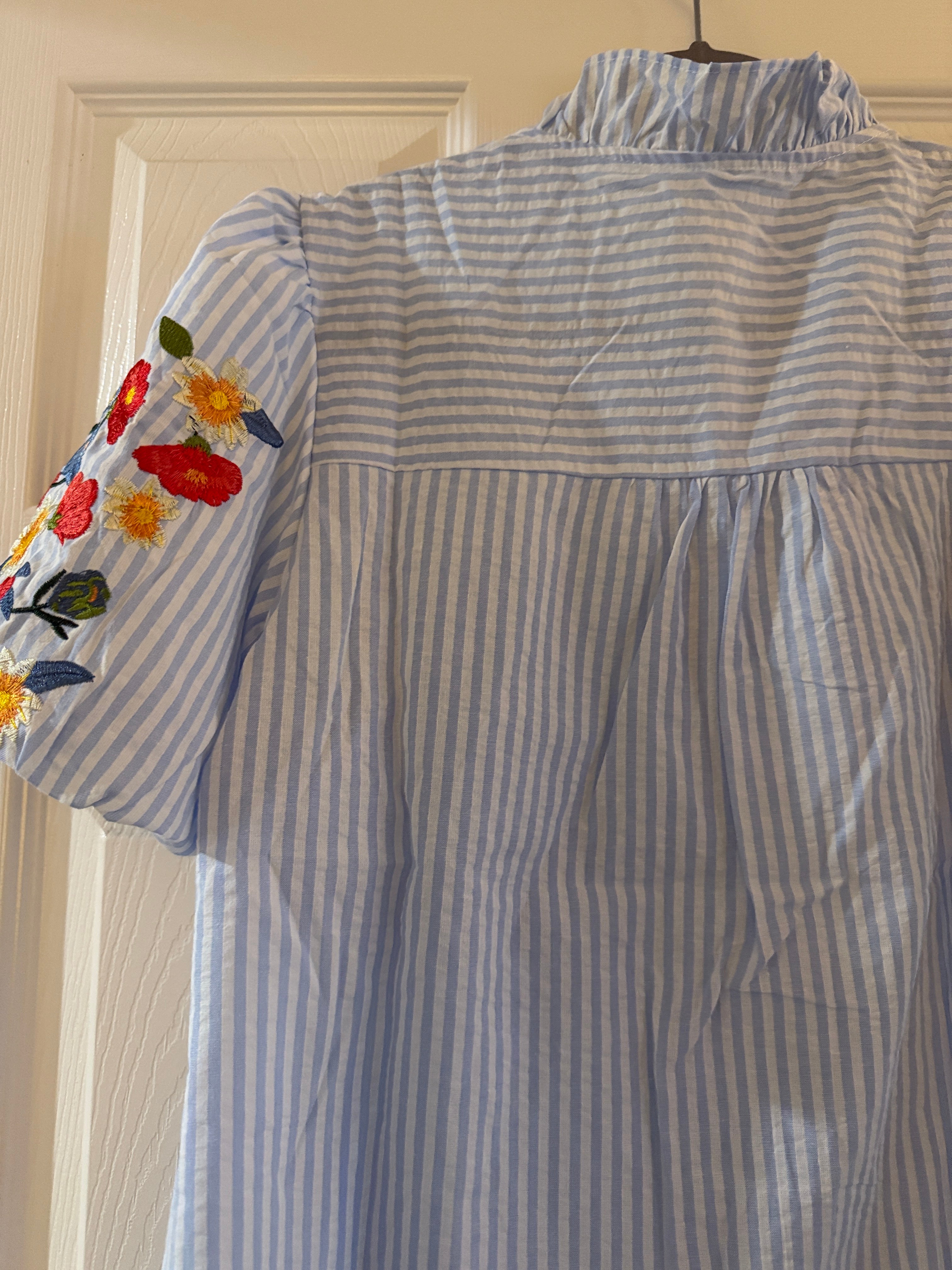 Light Blue Striped Ruffle Front Blouse with Floral Embroidered Sleeves