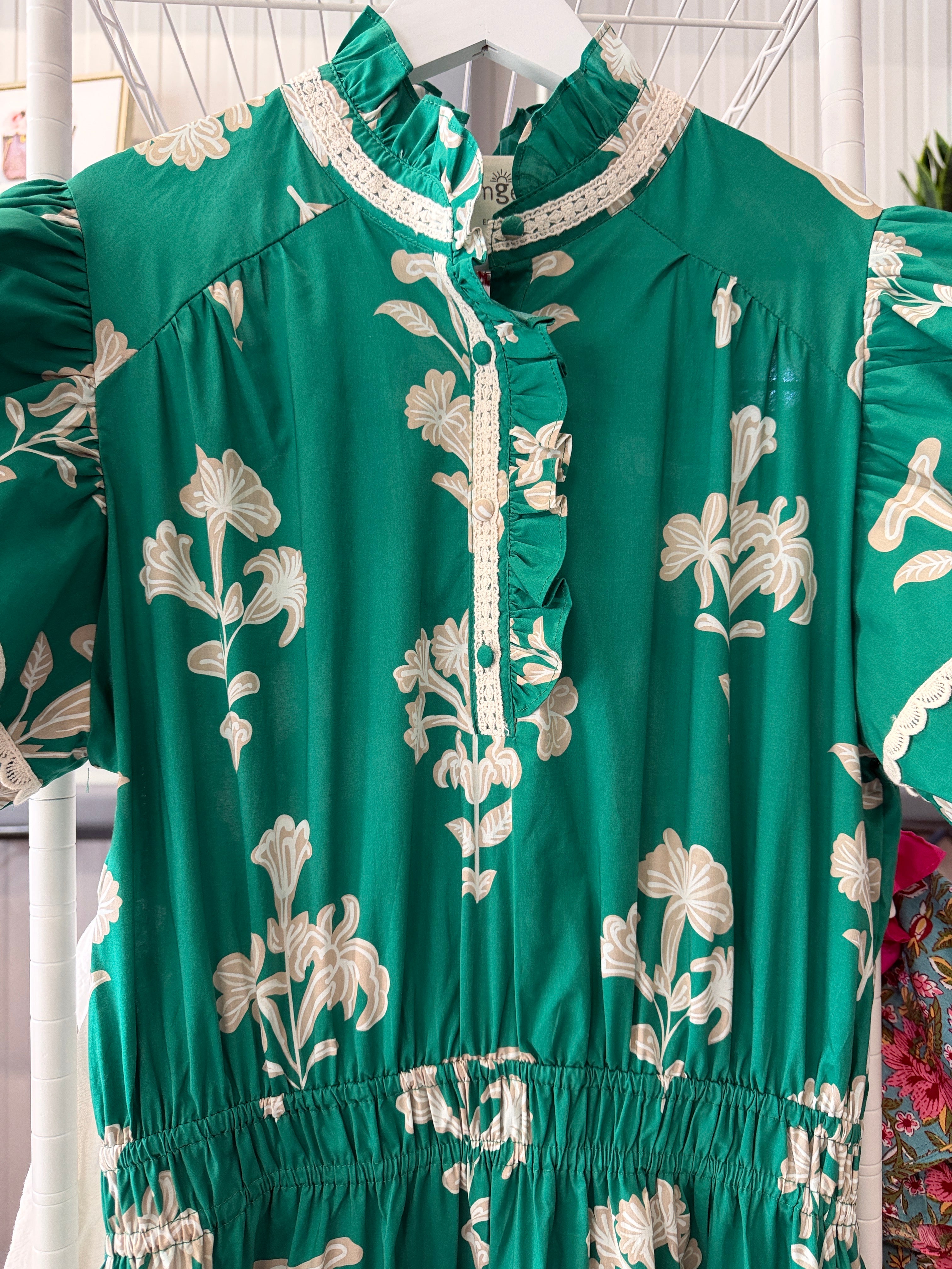 Umgee Green Midi Dress with Cream Floral Print
