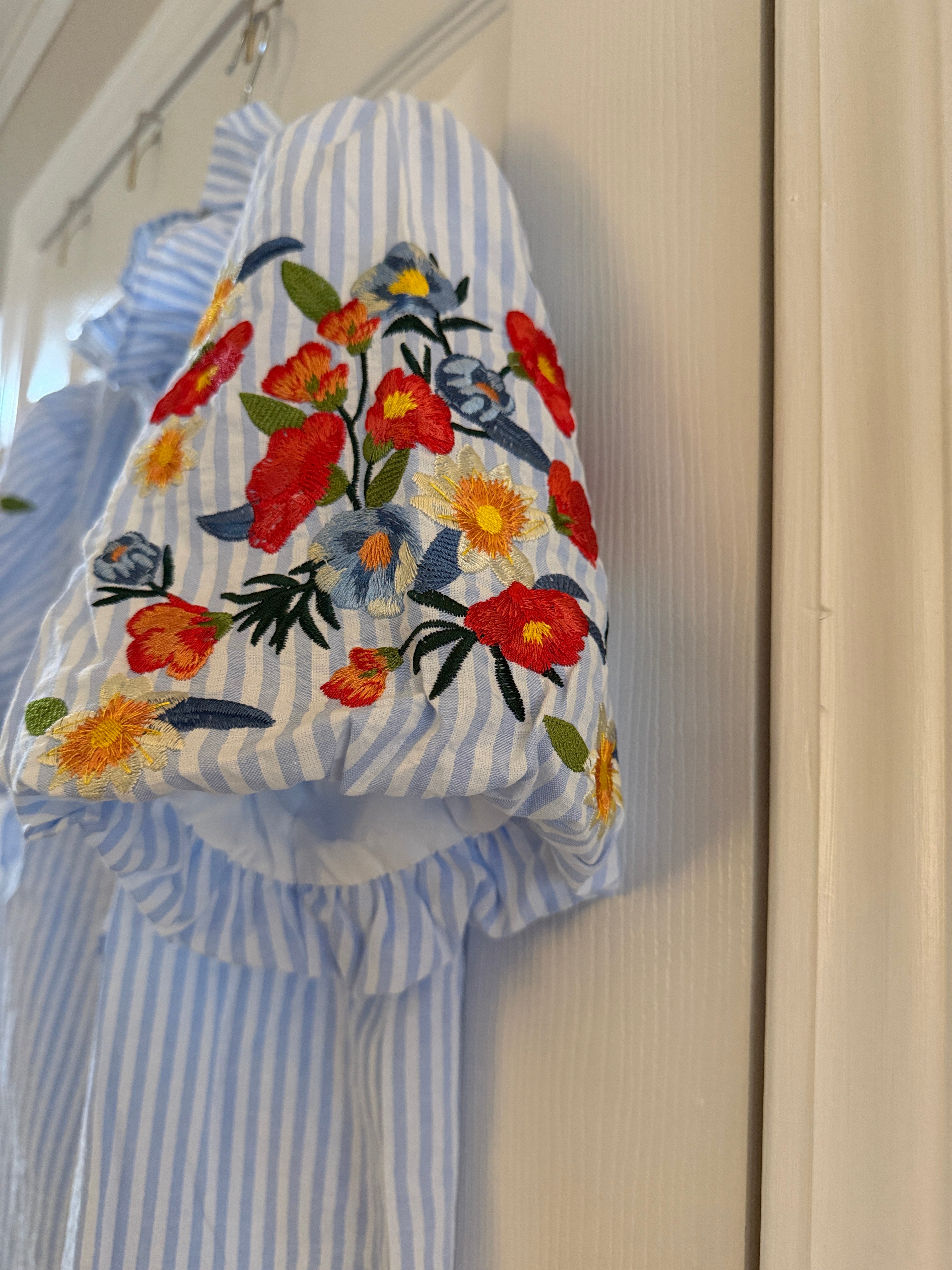 Light Blue Striped Ruffle Front Blouse with Floral Embroidered Sleeves