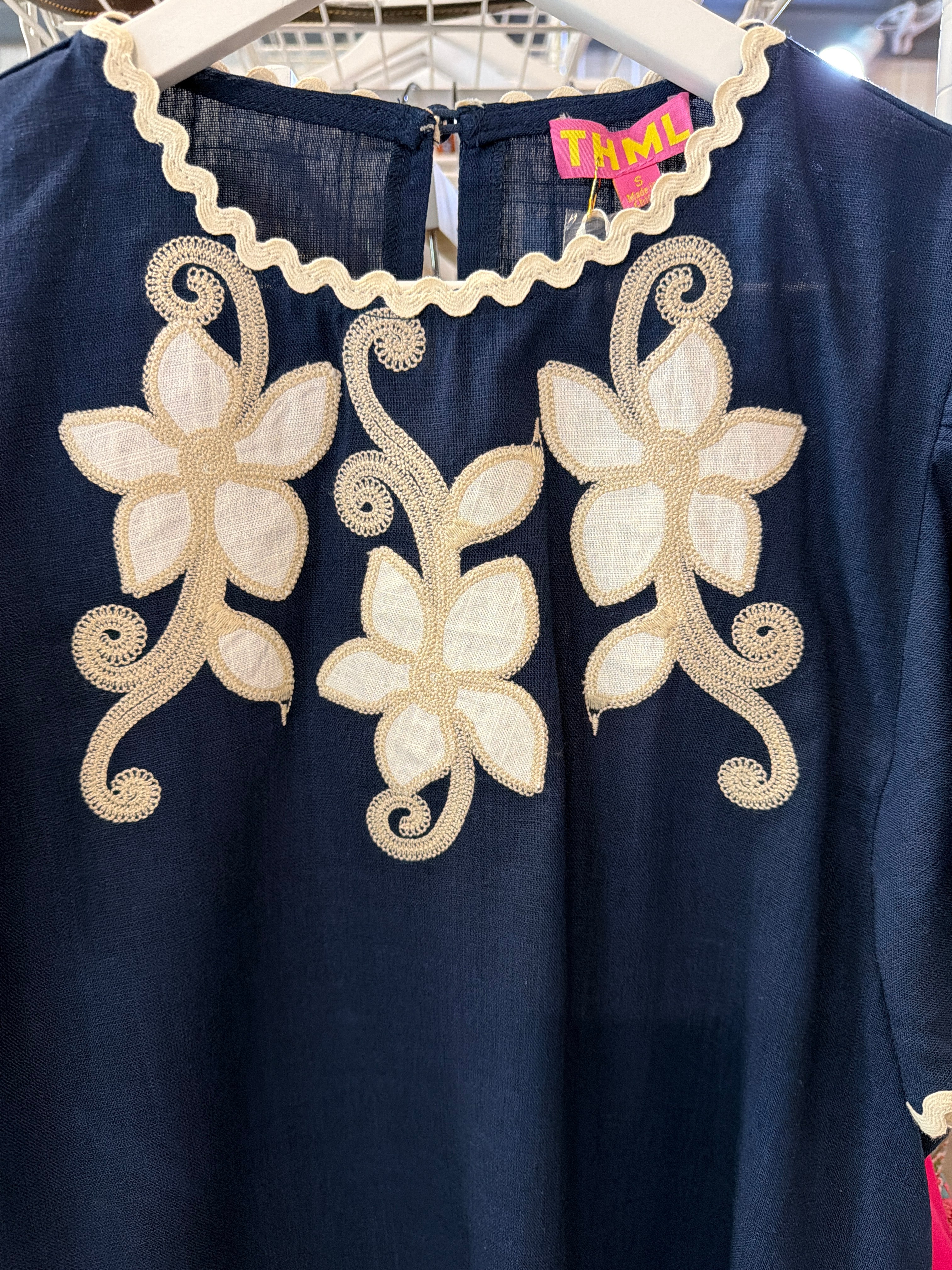 Navy and White Embroidered Floral Details