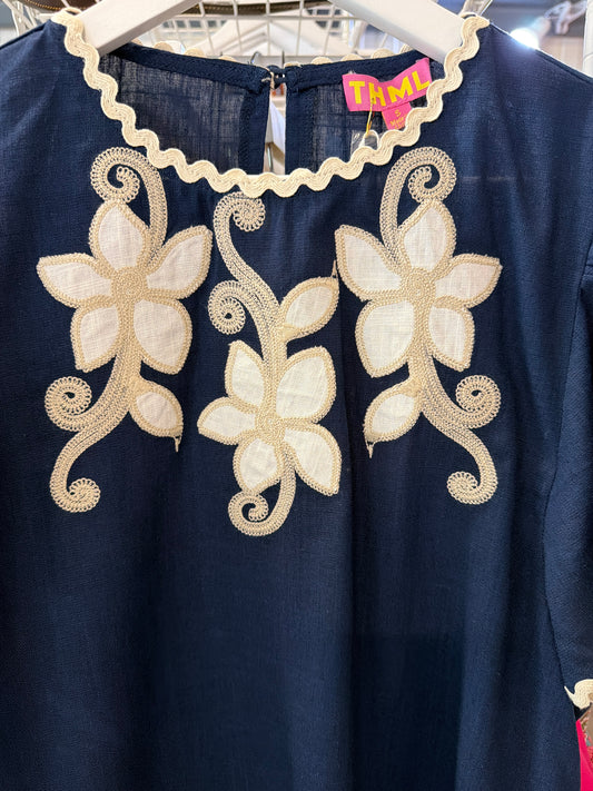 Navy and White Embroidered Floral Details