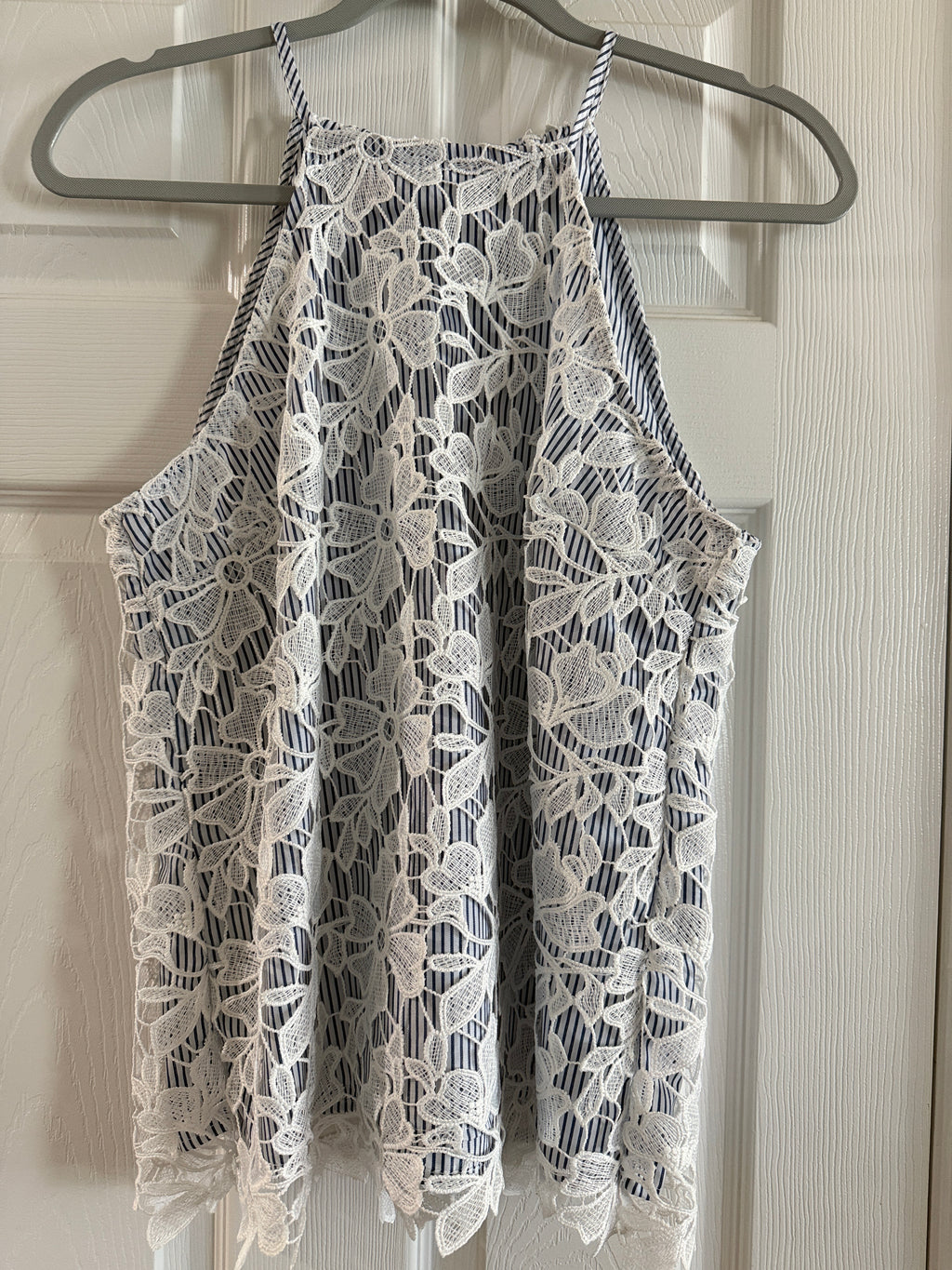 Adiva Navy & White Striped Halter Camisole with White Lace Overlay