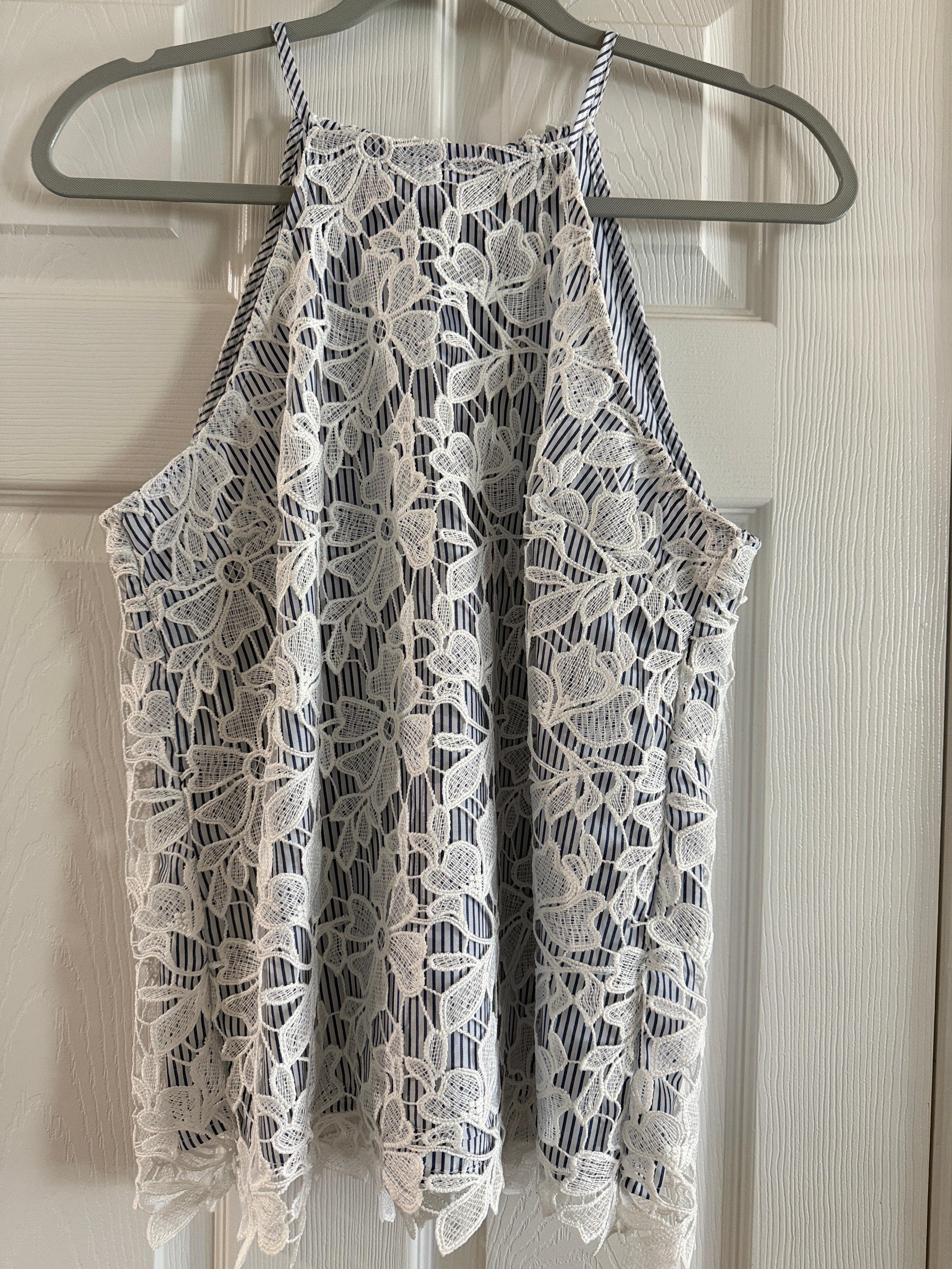 Adiva Navy & White Striped Halter Camisole with White Lace Overlay