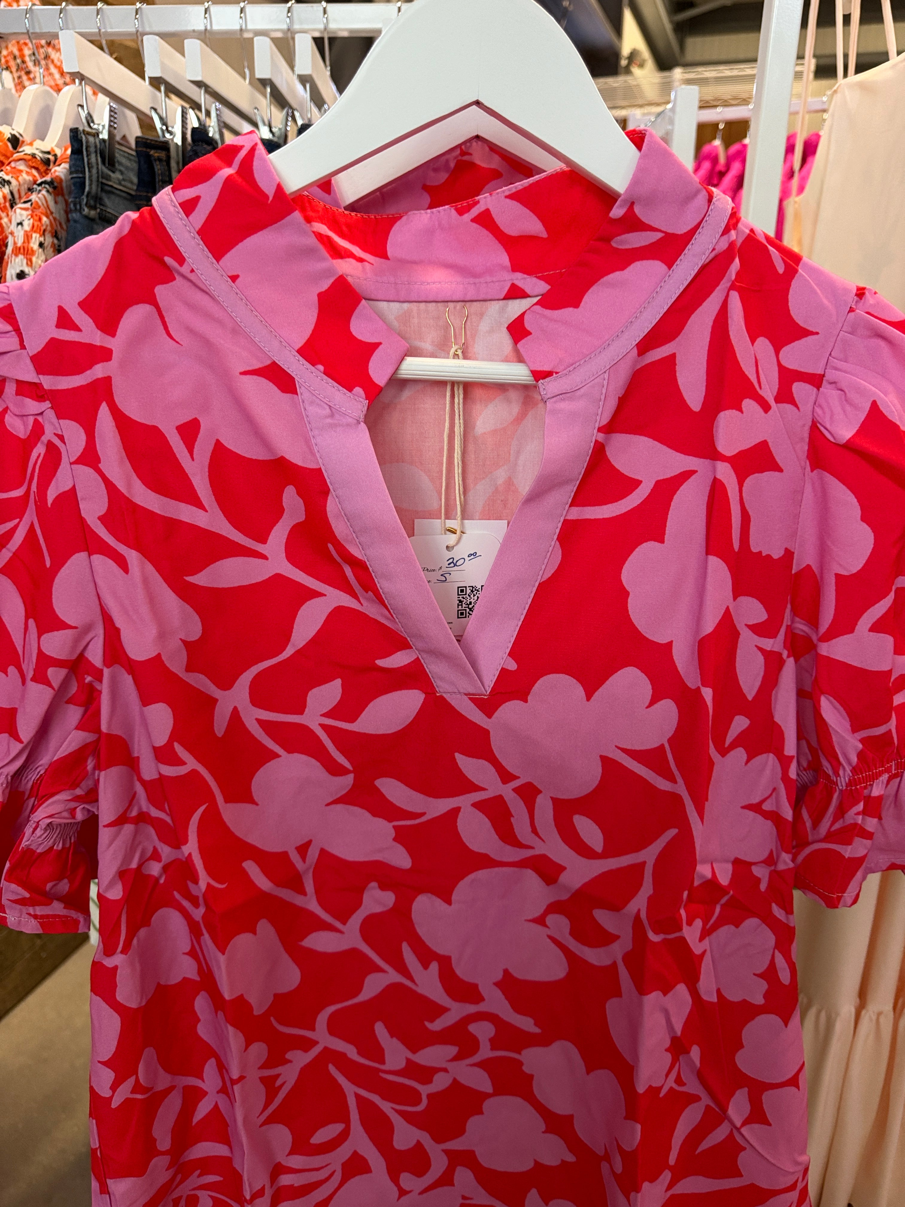 Pink and Red Floral V-Neck Blouse