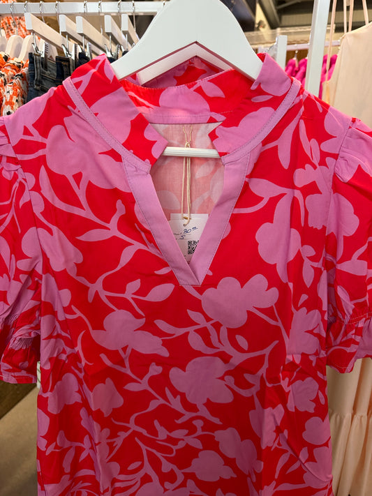Pink and Red Floral V-Neck Blouse