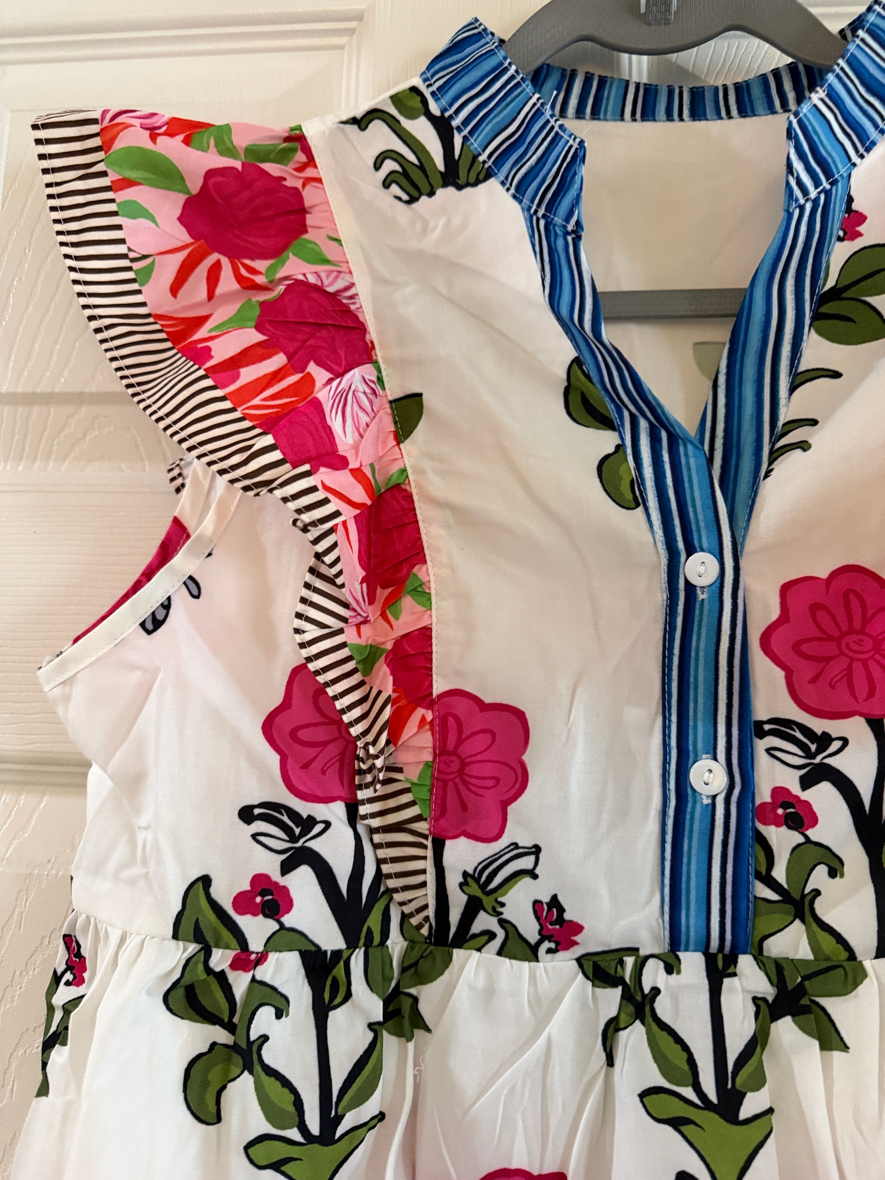 Women’s Floral Ruffle Top-White with Pink Flowers