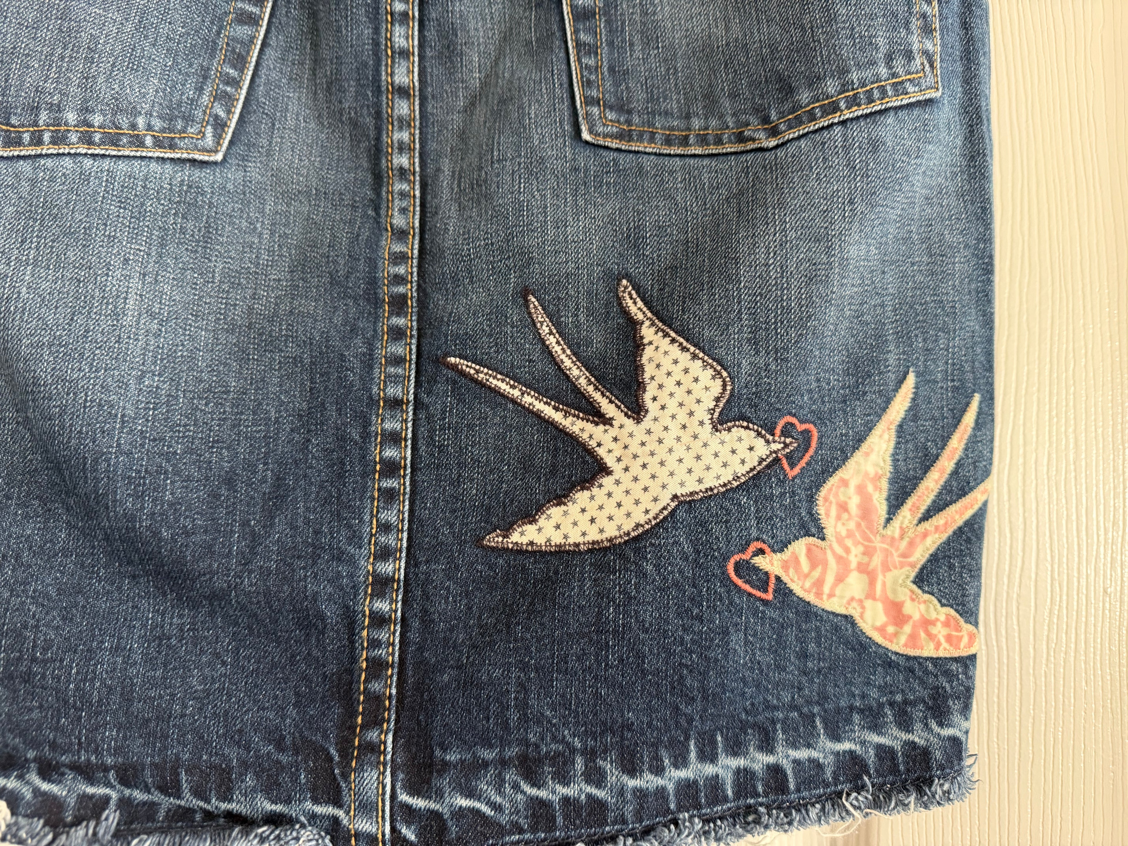 Women’s Dark Blue Denim Mini Skirt with Bird Appliqués