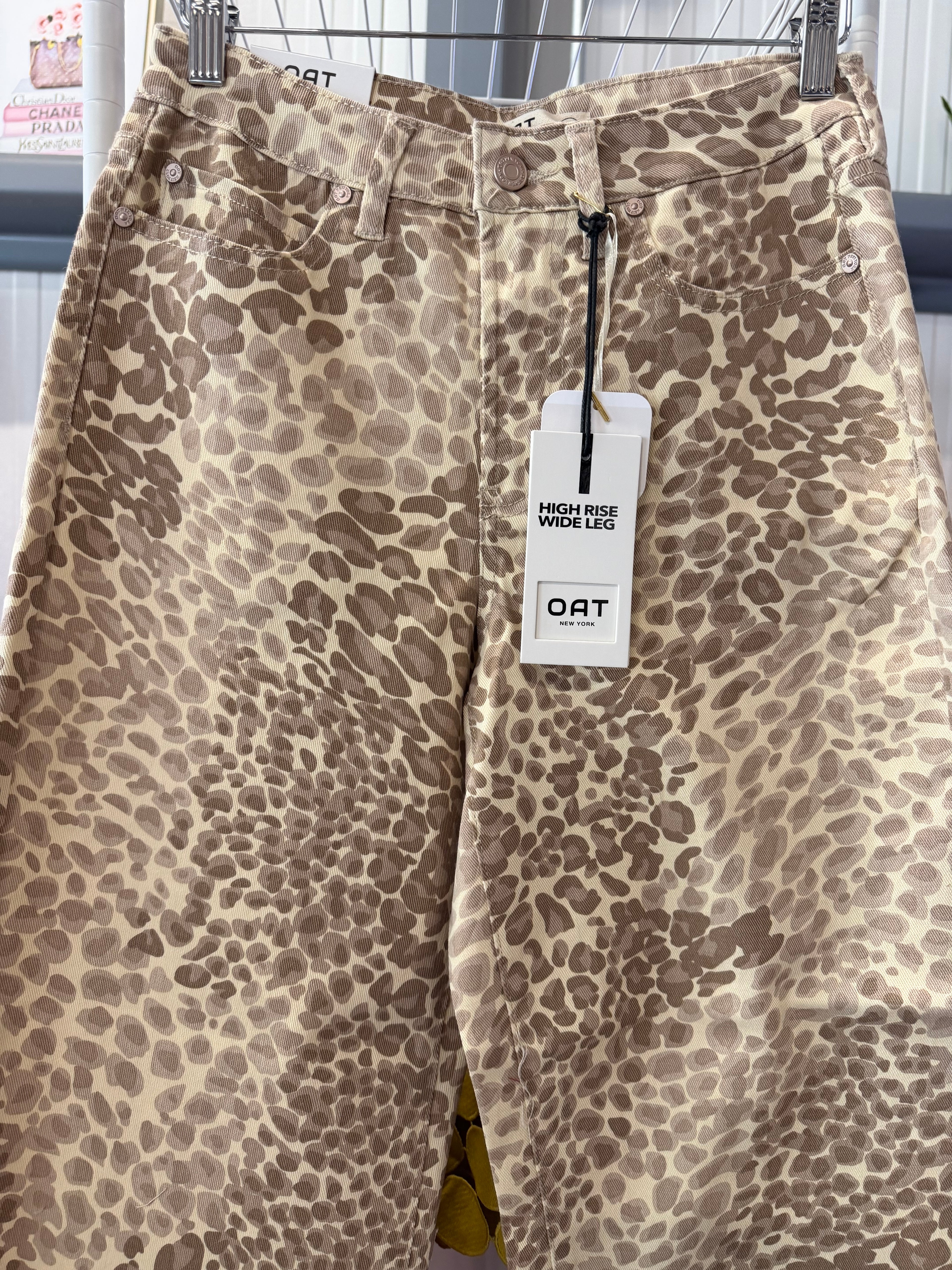 Oat New York High-Rise Wide-Leg Jeans in Tan and Brown Leopard Print