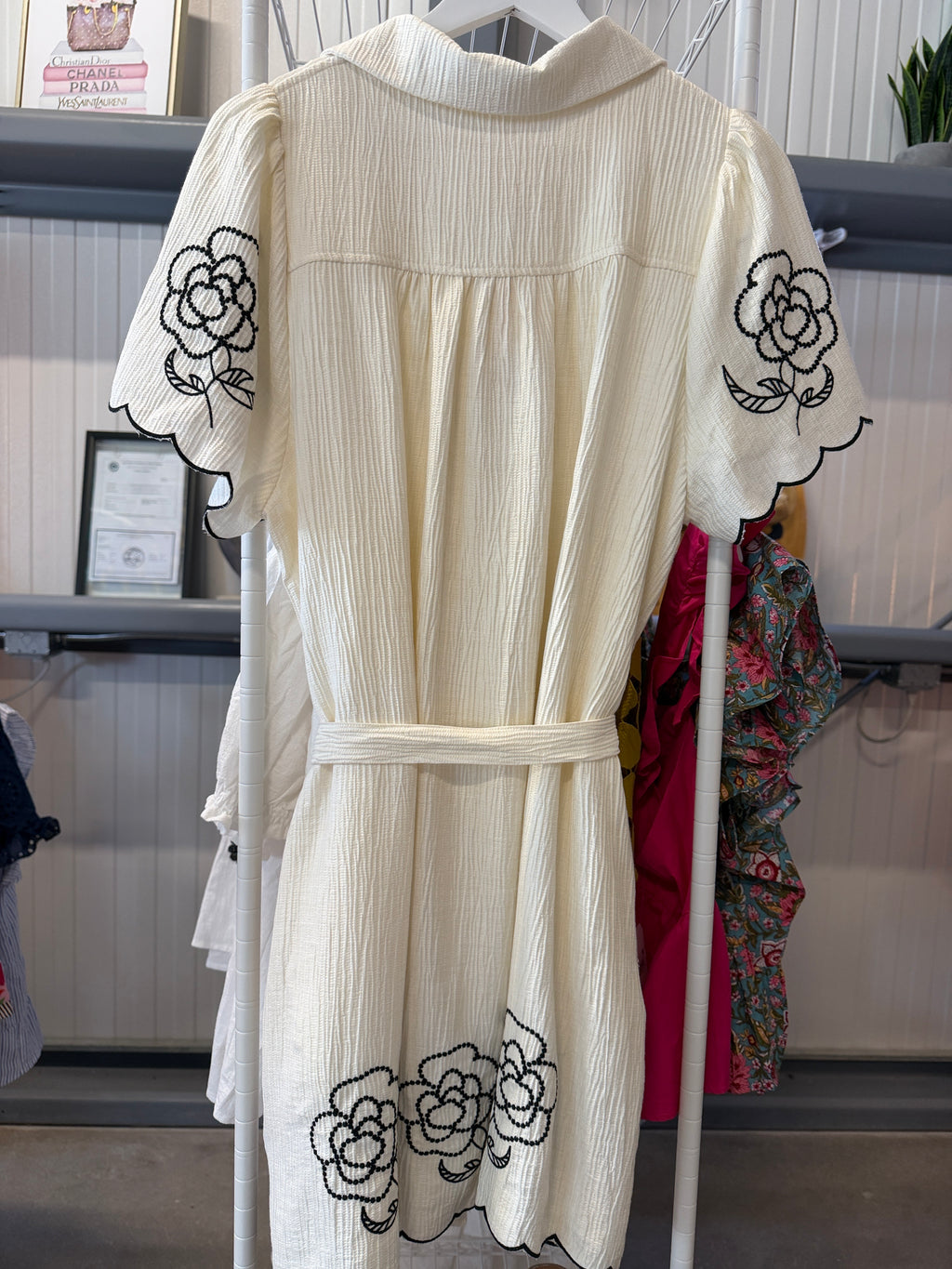 Umgee Cream Button-Front Dress with Black Floral Embroidery