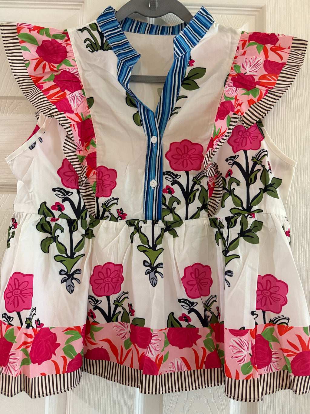 Women’s Floral Ruffle Top-White with Pink Flowers