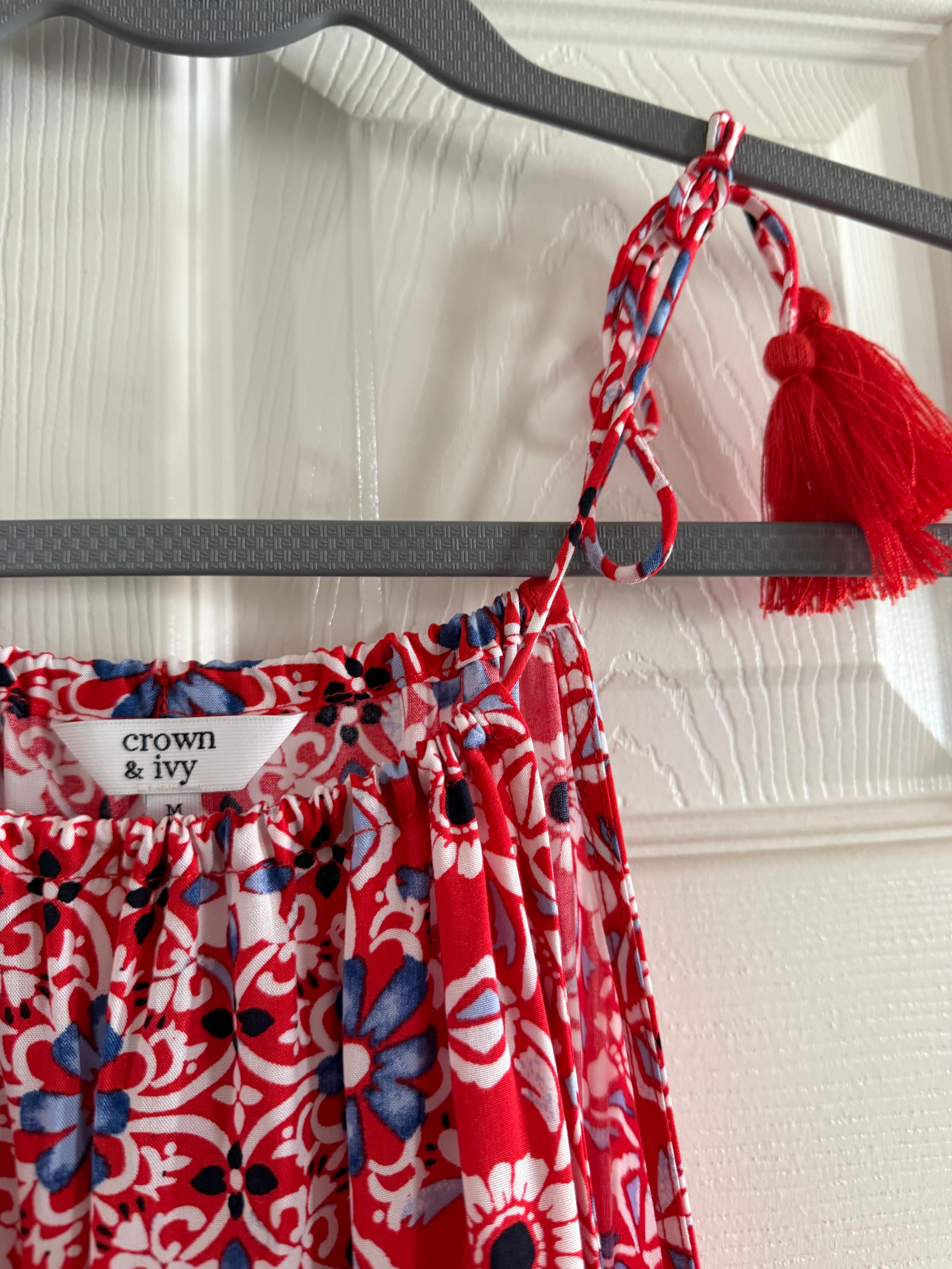 Red Floral Tie-Strap Tiered Dress