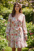 Floral Tie-Waist Midi Sleeve Dress-White with Red & Pink Flowers