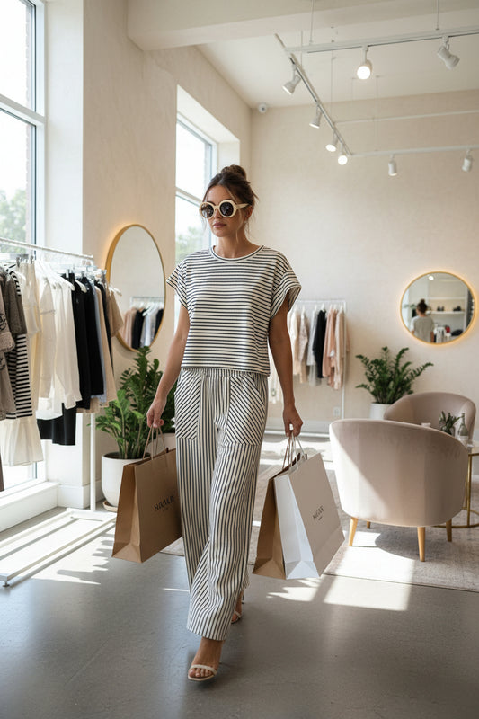 Two Piece Set, Short-Sleeve Striped with Matching Wide-Leg Pants