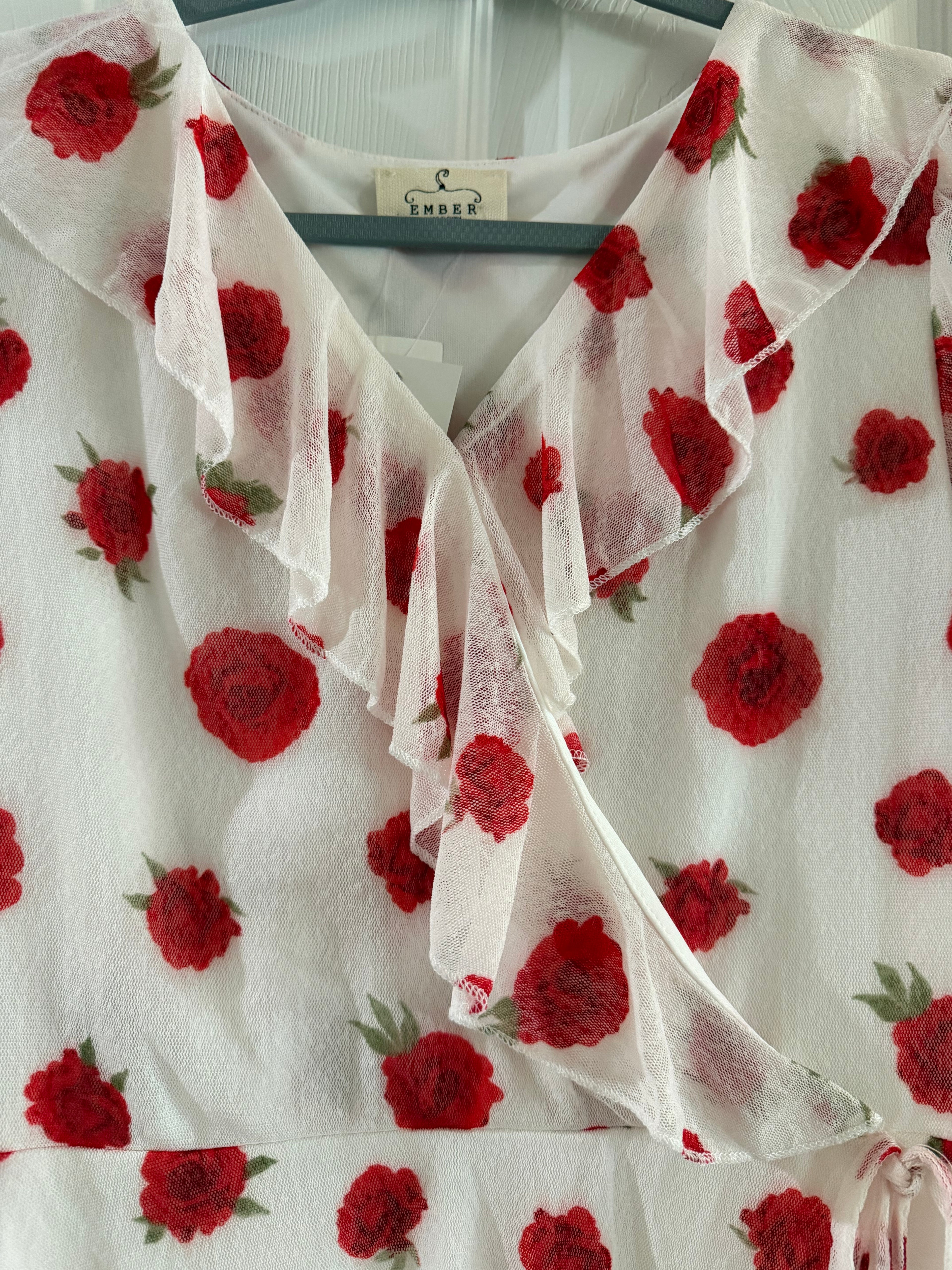 Red Rose Print Wrap Blouse in White