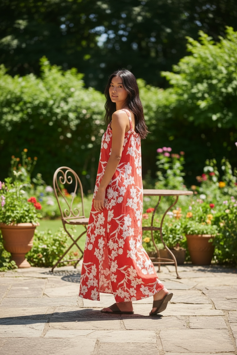 Zara Red Floral Maxi Sundress with White Flower Print