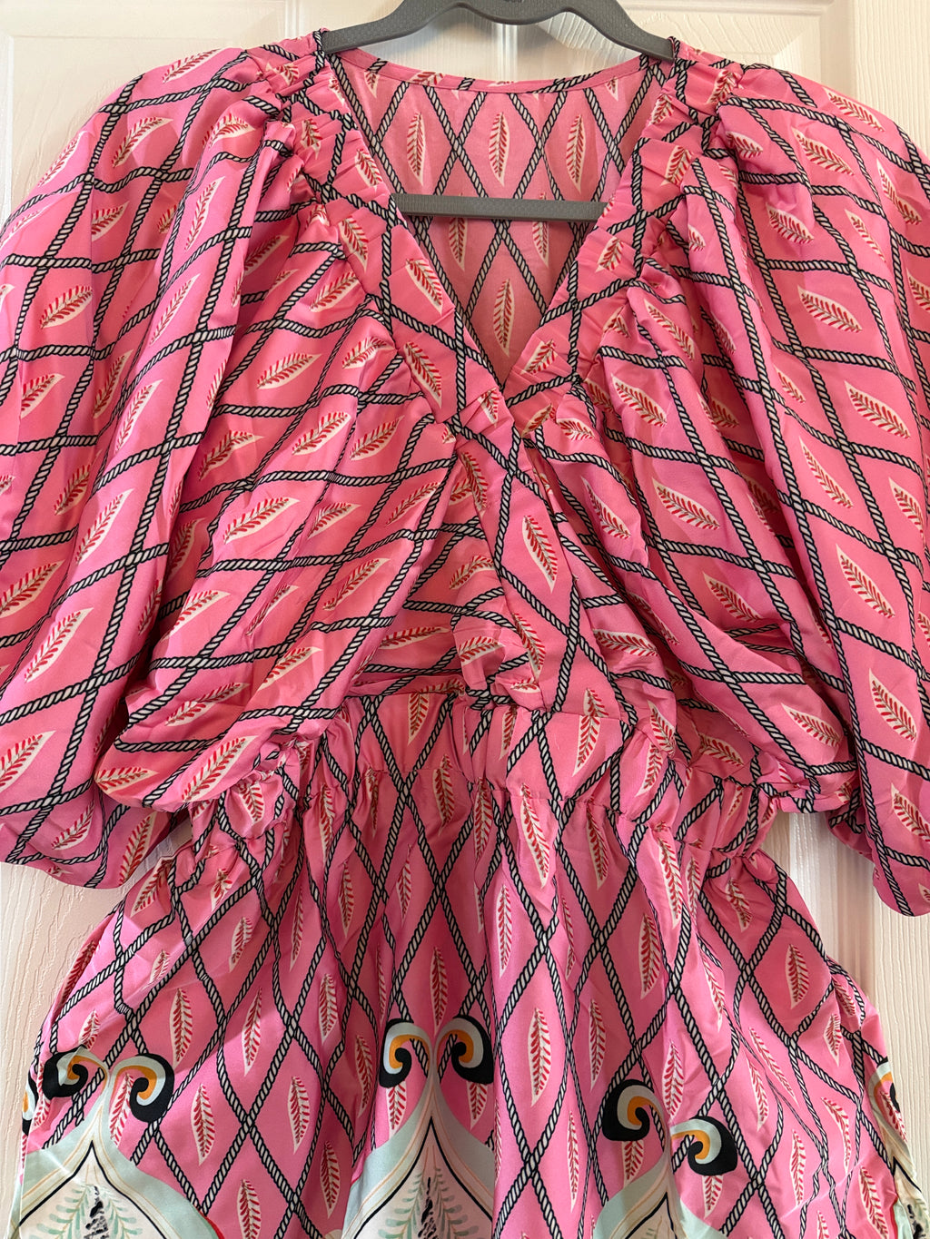 Pink Patterned Boho Romper with Flutter Sleeves