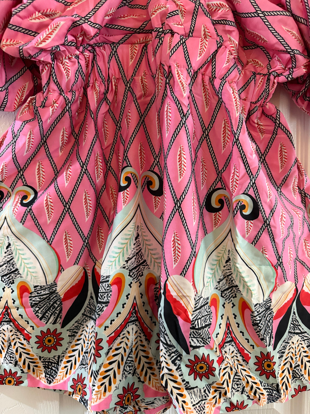 Pink Patterned Boho Romper with Flutter Sleeves