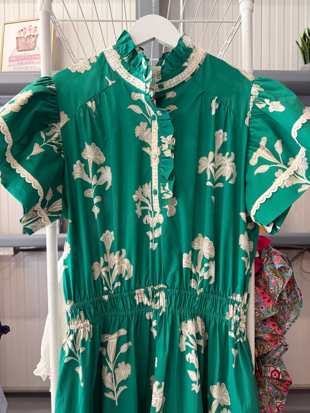 Umgee Green Midi Dress with Cream Floral Print