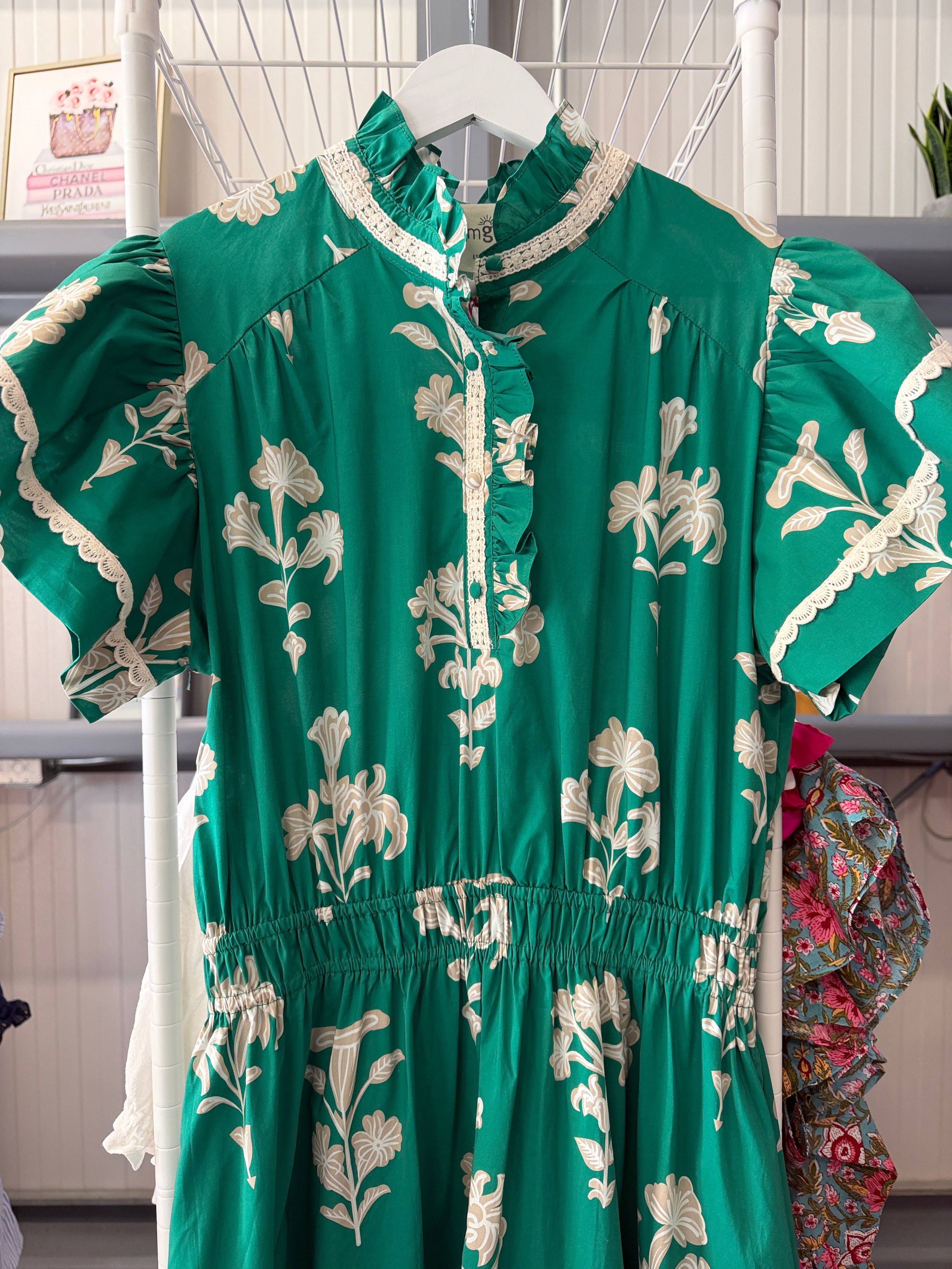 Umgee Green Midi Dress with Cream Floral Print