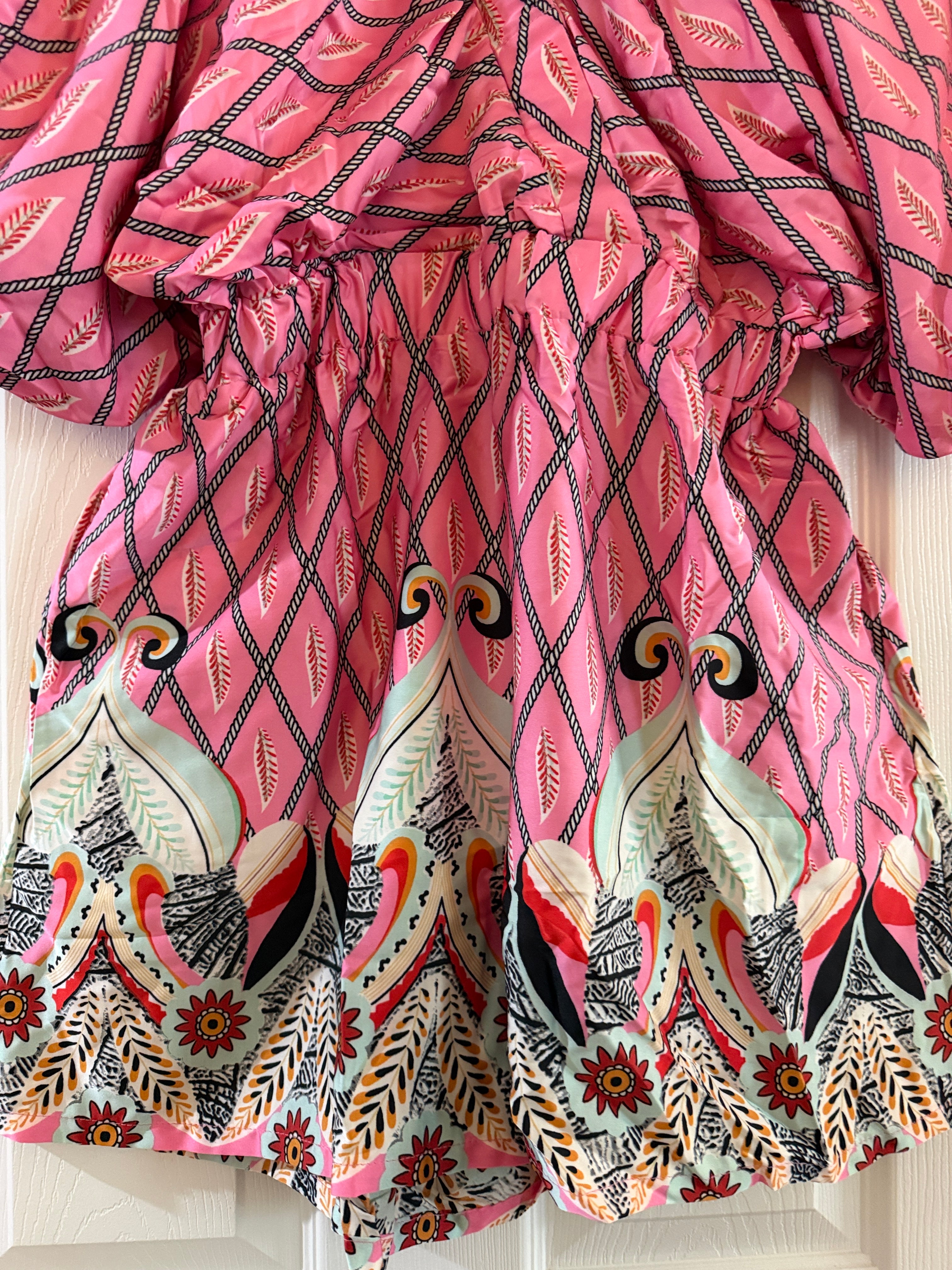 Pink Patterned Boho Romper with Flutter Sleeves