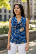 Koan Daily Royal Blue Chain Print Cowl Neck Tank