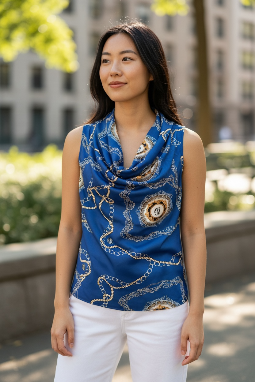Koan Daily Royal Blue Chain Print Cowl Neck Tank