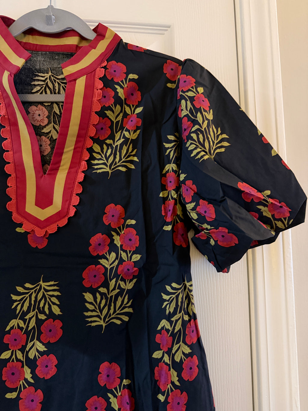 Black Floral Split-Neck Top with Pink & Gold Accents
