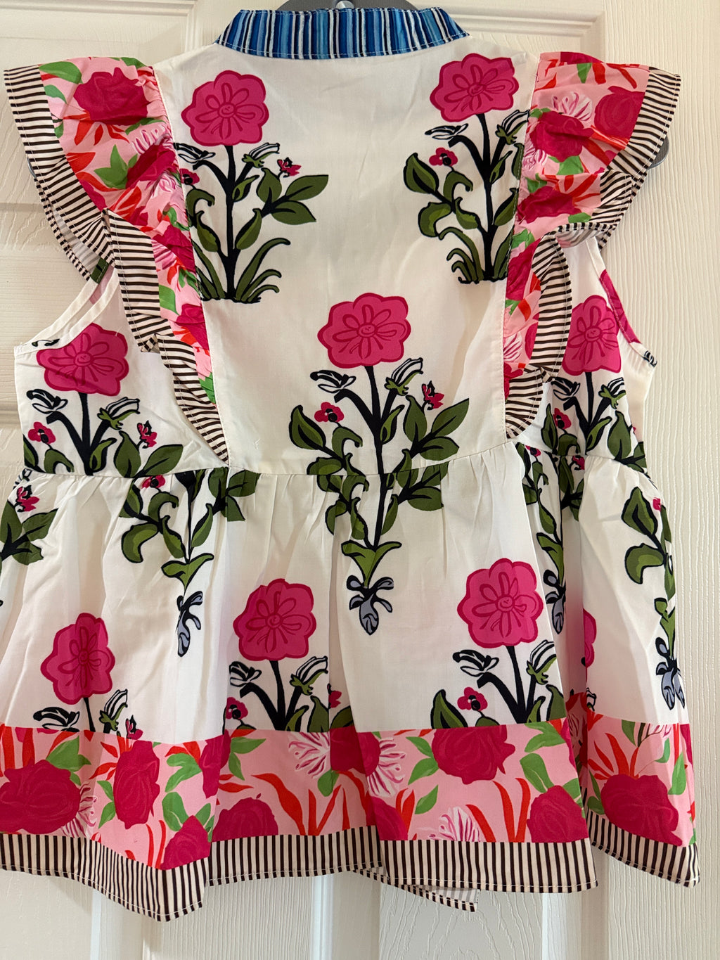Women’s Floral Ruffle Top-White with Pink Flowers