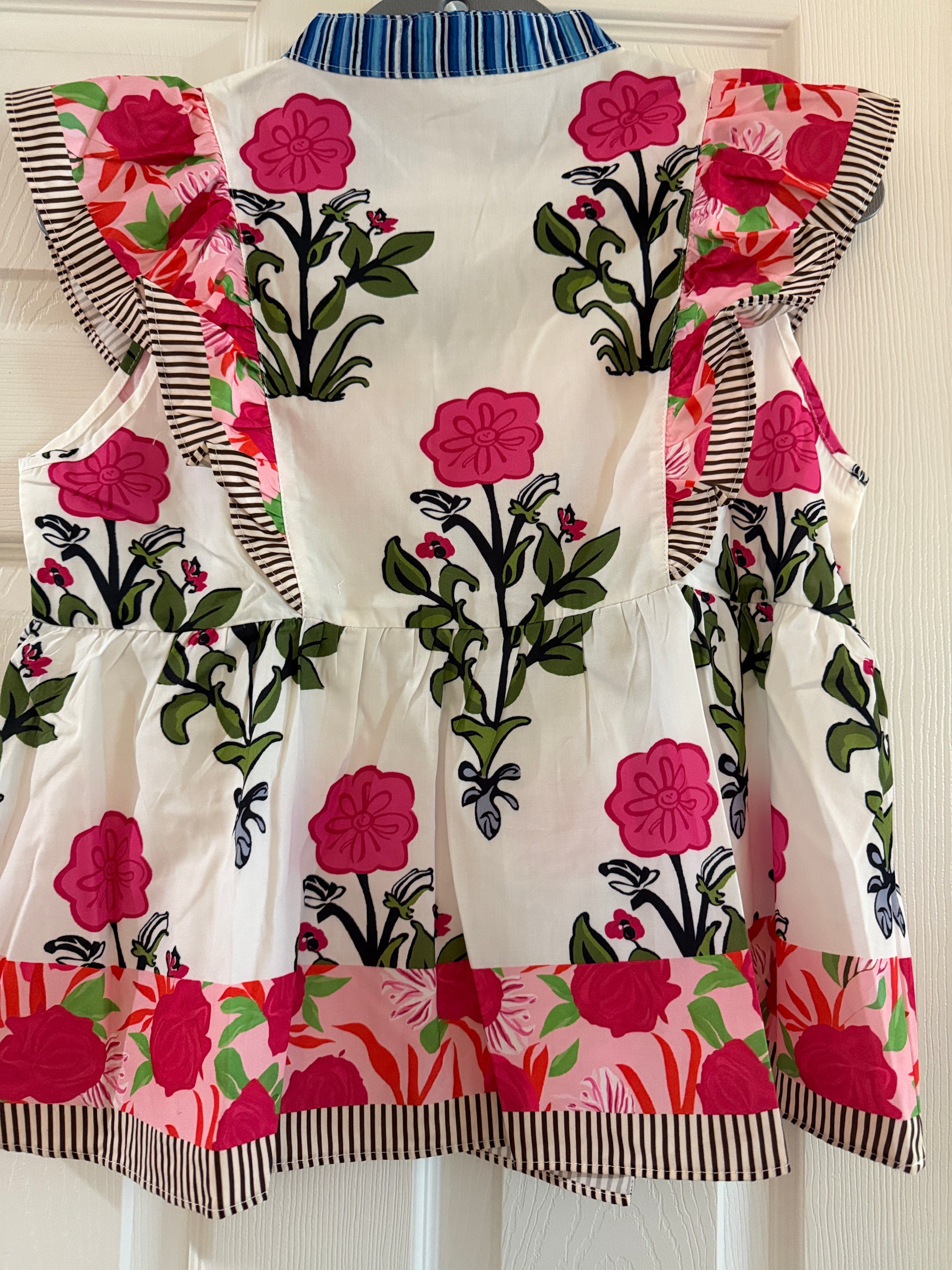 Women’s Floral Ruffle Top-White with Pink Flowers