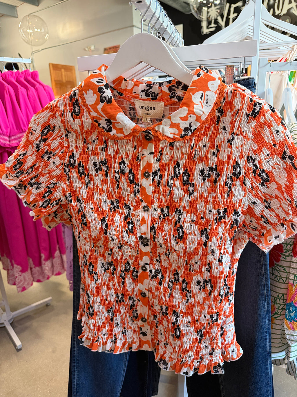 Umgee Orange, Black & White Floral Smocked Button-Down Top