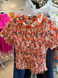 Umgee Orange, Black & White Floral Smocked Button-Down Top