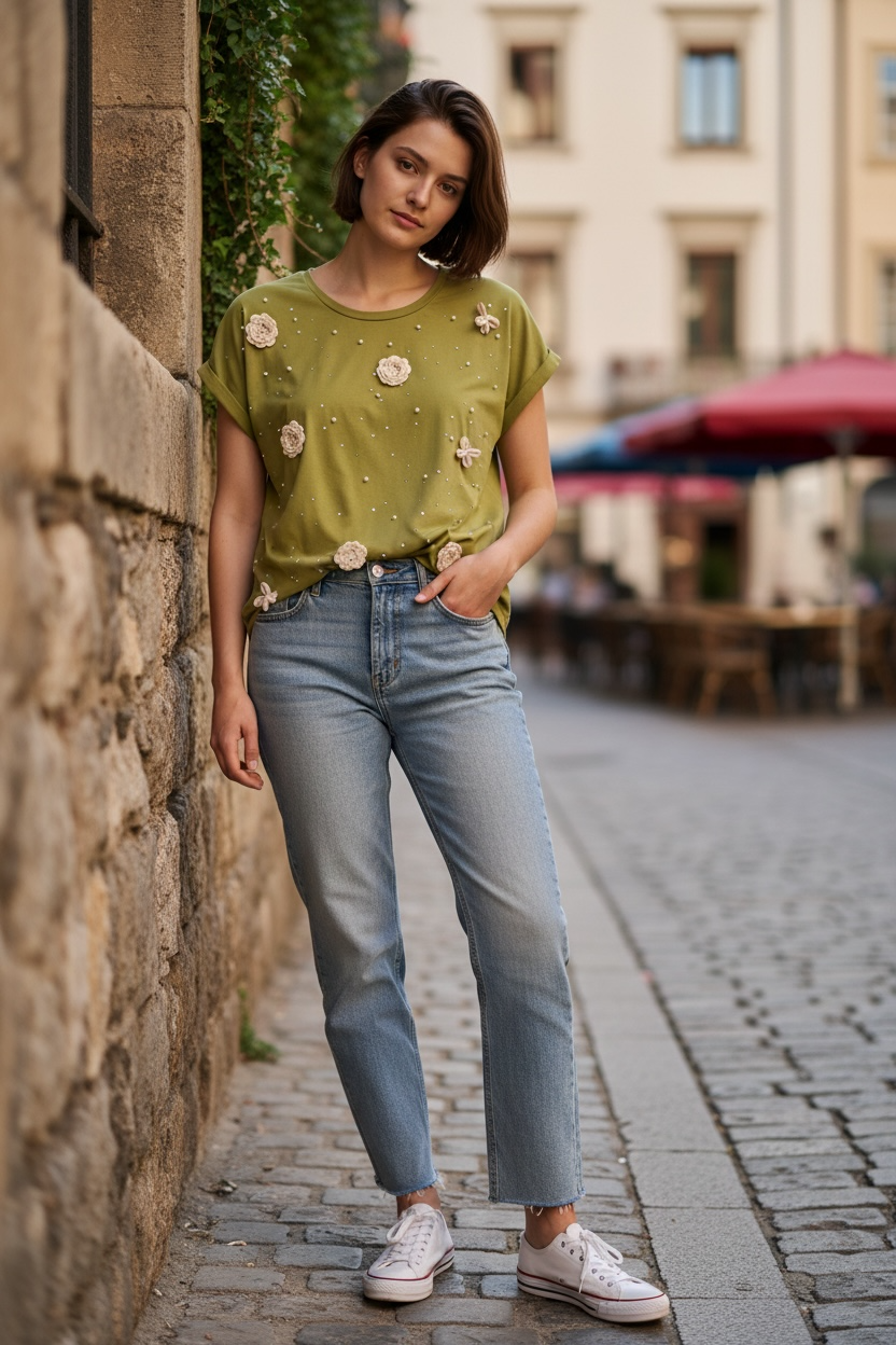 Mesh + Love Citrine Green Embellished Floral Tee