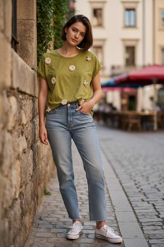 Mesh + Love Citrine Green Embellished Floral Tee