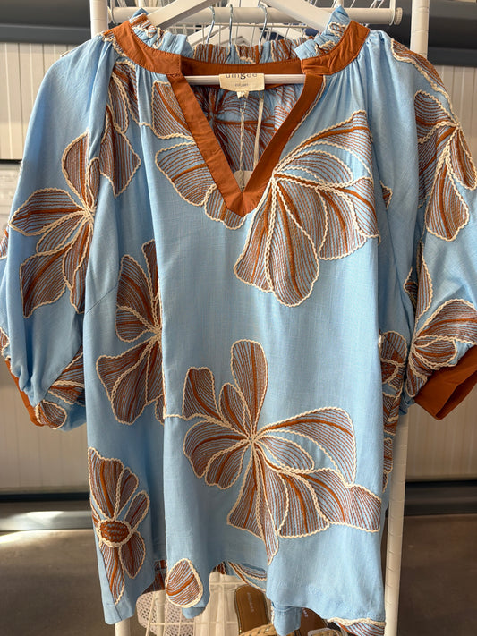 Umgee Sky Blue Floral Embroidered Tunic with Rust Trim